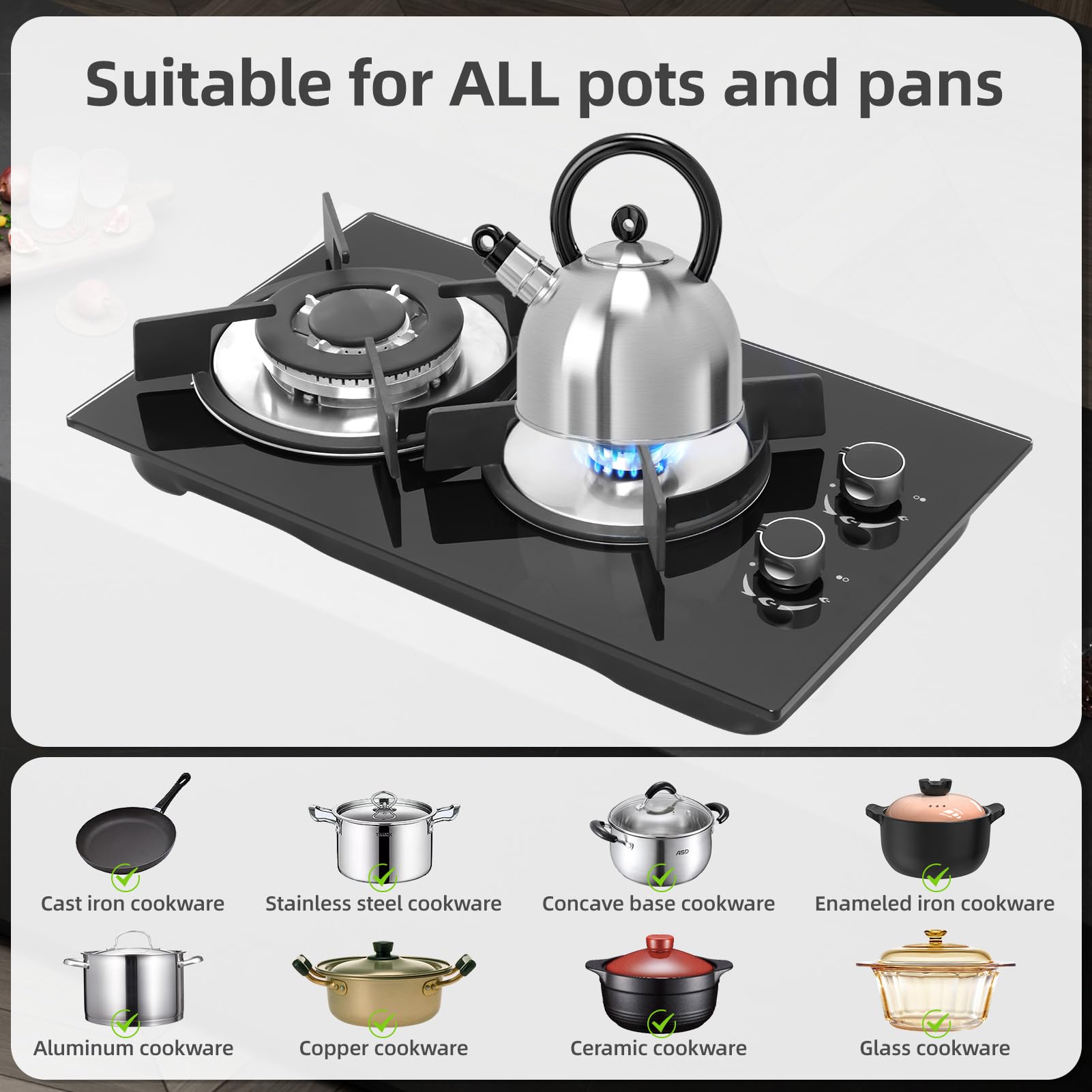 5050W Gas Hob 2 Burners, NG/LPG Convertible Induction Hob, 51cm Built-in Tempered Glass Panel, Electronic Lgnition + Flame Failure Protection (Black) - 4