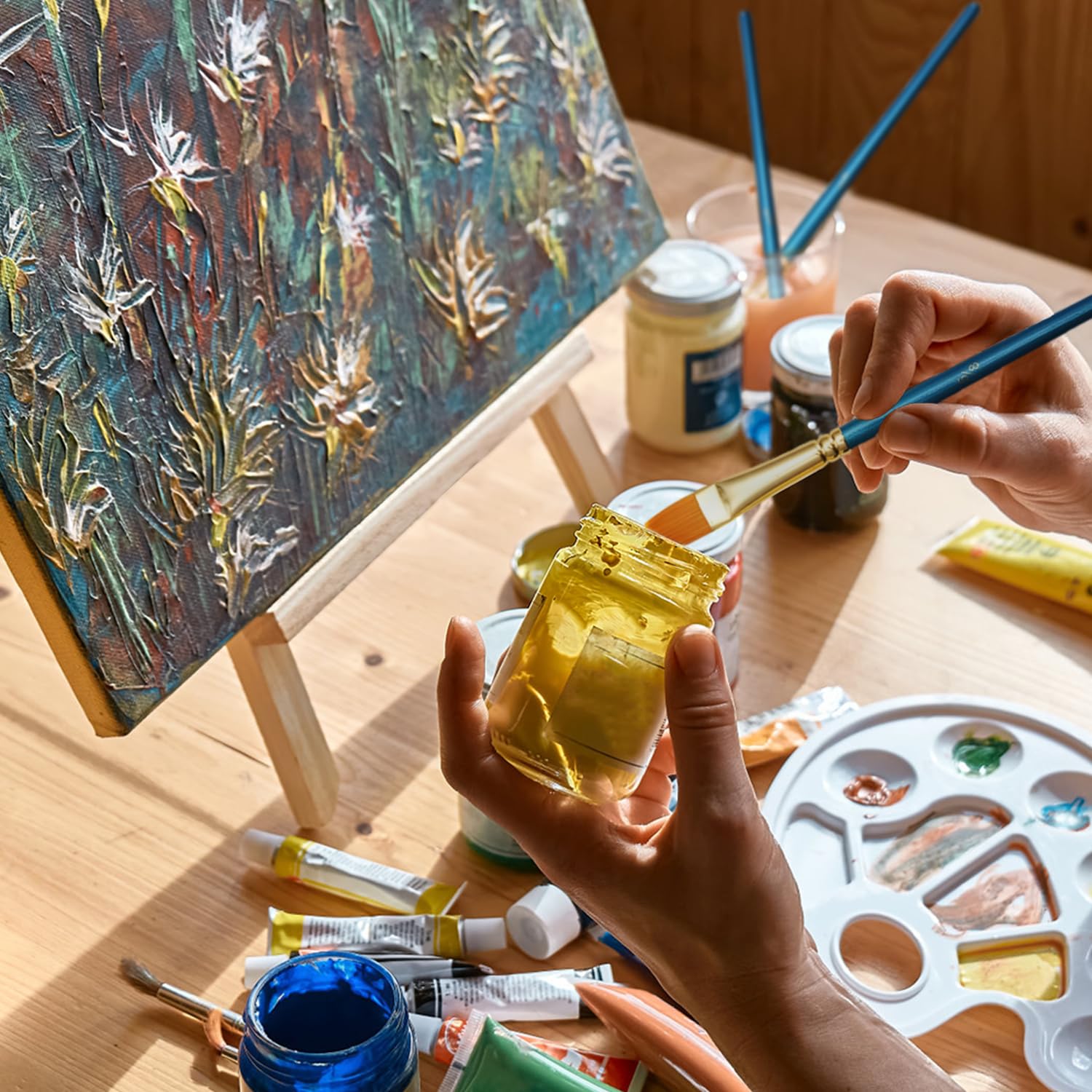 78-teiliges professionelles Malset mit 6 Holzstaffeleien, 6 hochwertigen Leinwänden, 60 Pinseln und 6 Paletten, komplettes Kunstzubehör-Set für Kinder und Erwachsene, ideal für Malpartys und Anfänger