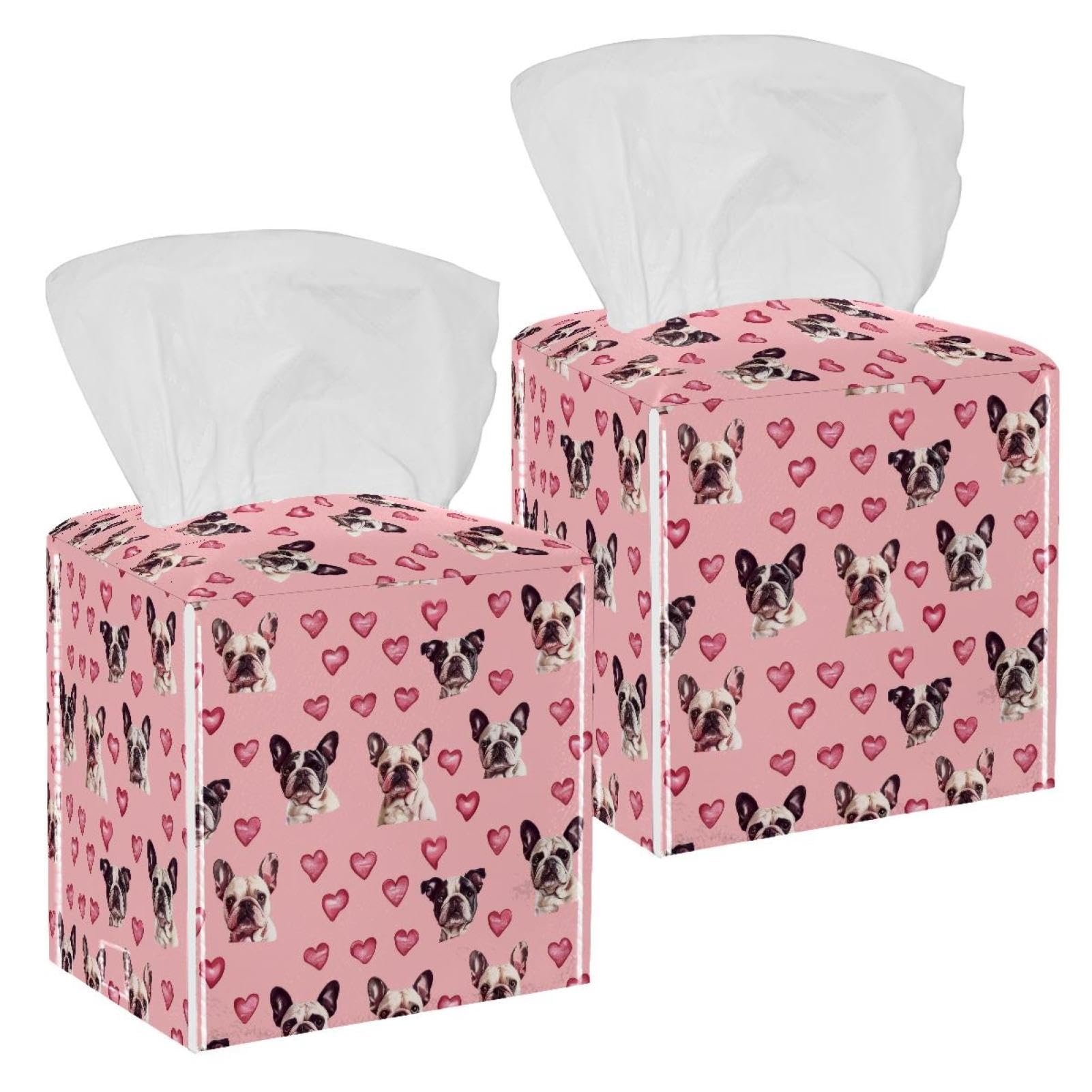 Bulldogs Hearts Tissue Box Cover, 2 Pack PU Leather Square Facial Tissue Dispenser Box holder for Home Office Car