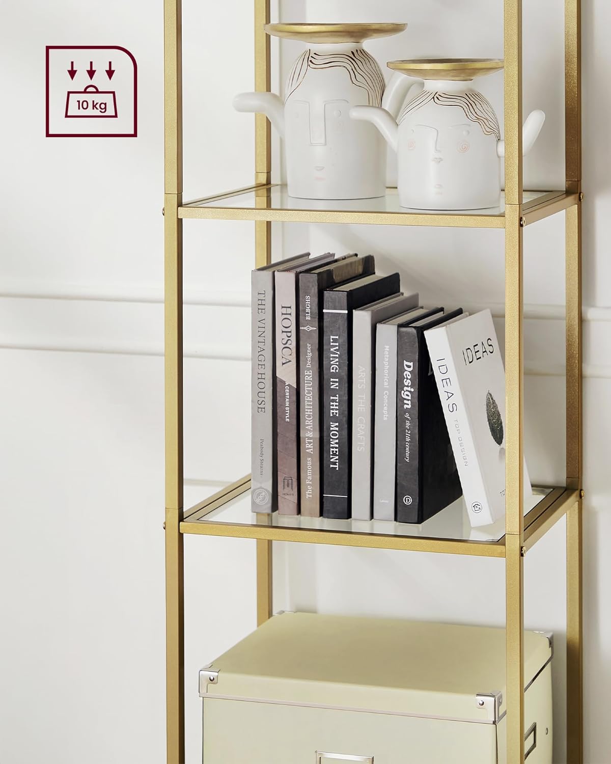 Shelf with books and 10kg weight capacity icon
