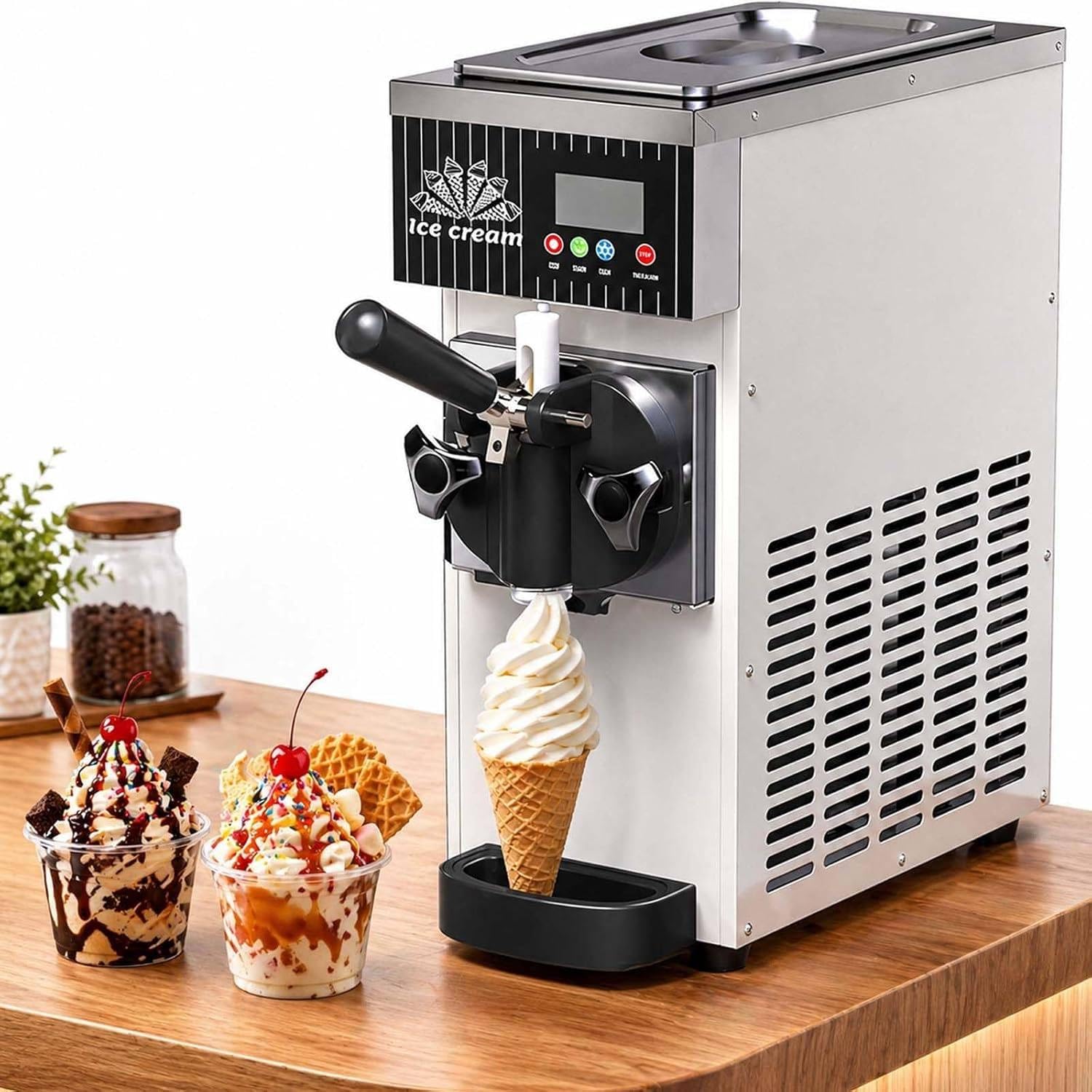 XUXIAO Commercial & Home Soft Serve Ice Cream Maker, LCD Panel Soft Serve Maker Single Flavor Soft Serve Ice Cream Machine, for Snack Bars Restaurants White