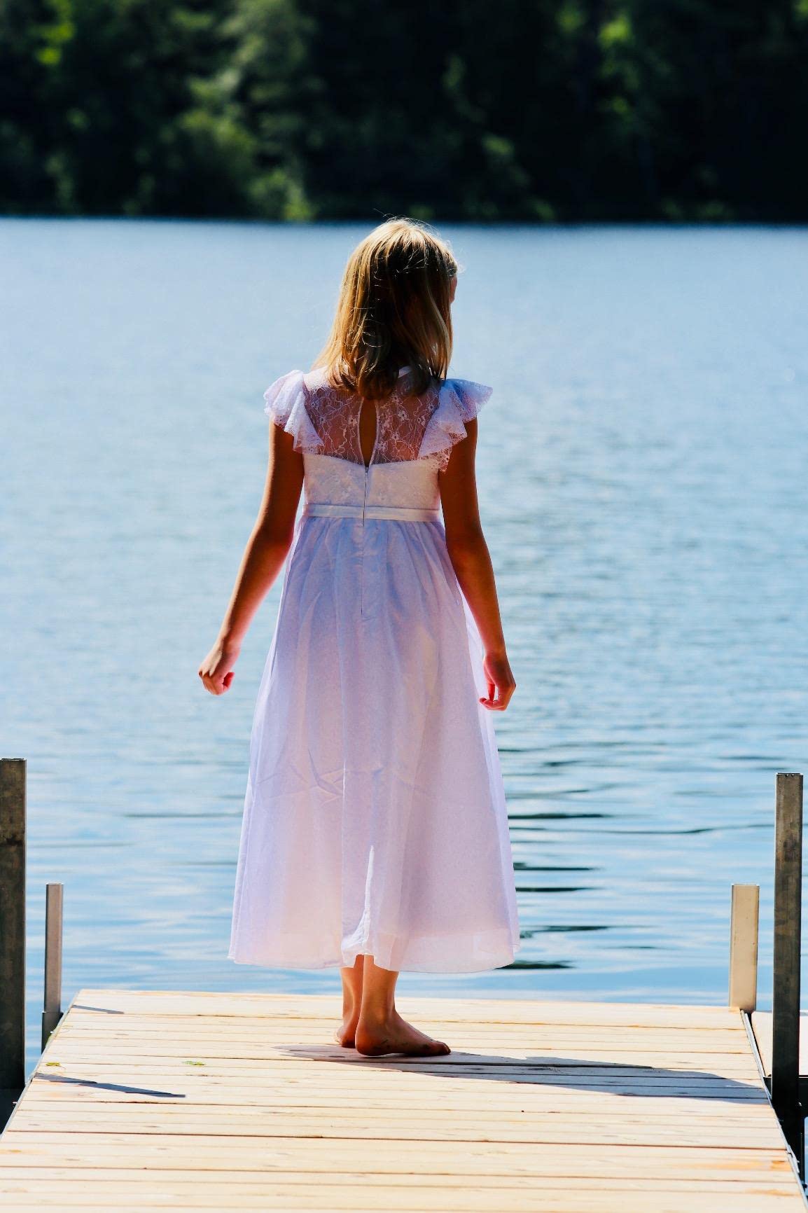 Boho Longue robe en dentelle pour enfants Robe en mousseline de soie avec ceinture et manches courtes papillonsChic Aligne Robes de communion Robes de demoiselle d'honneur Robes de demoiselle