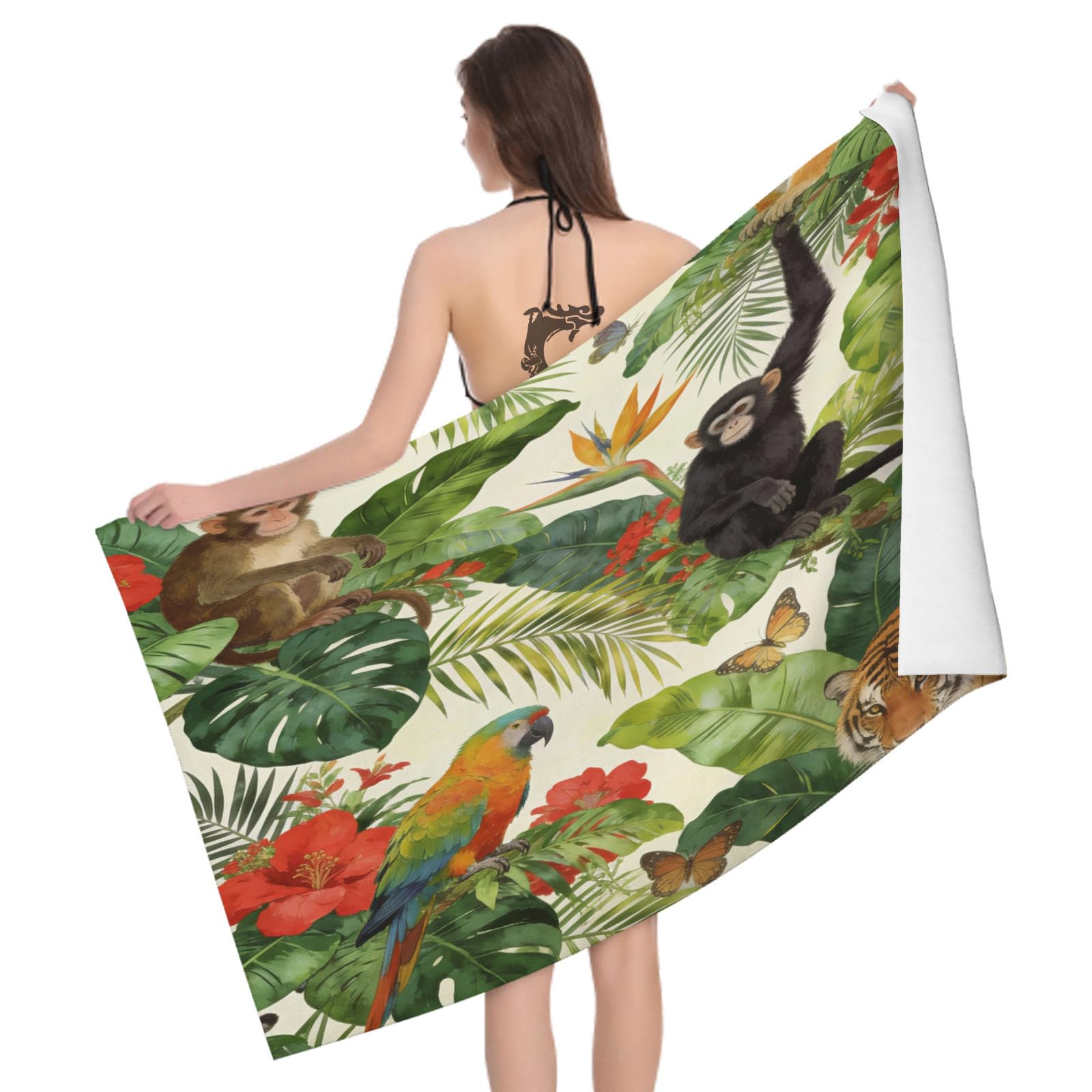 Leichong 3D Jungle Beach Towel Microfiber Soft Quick Dry for Adults, Watercolor Illustration Bath Towel Lightweight Soft Absorbent for Travel Swimming Pool Sports, 75 x 150 cm