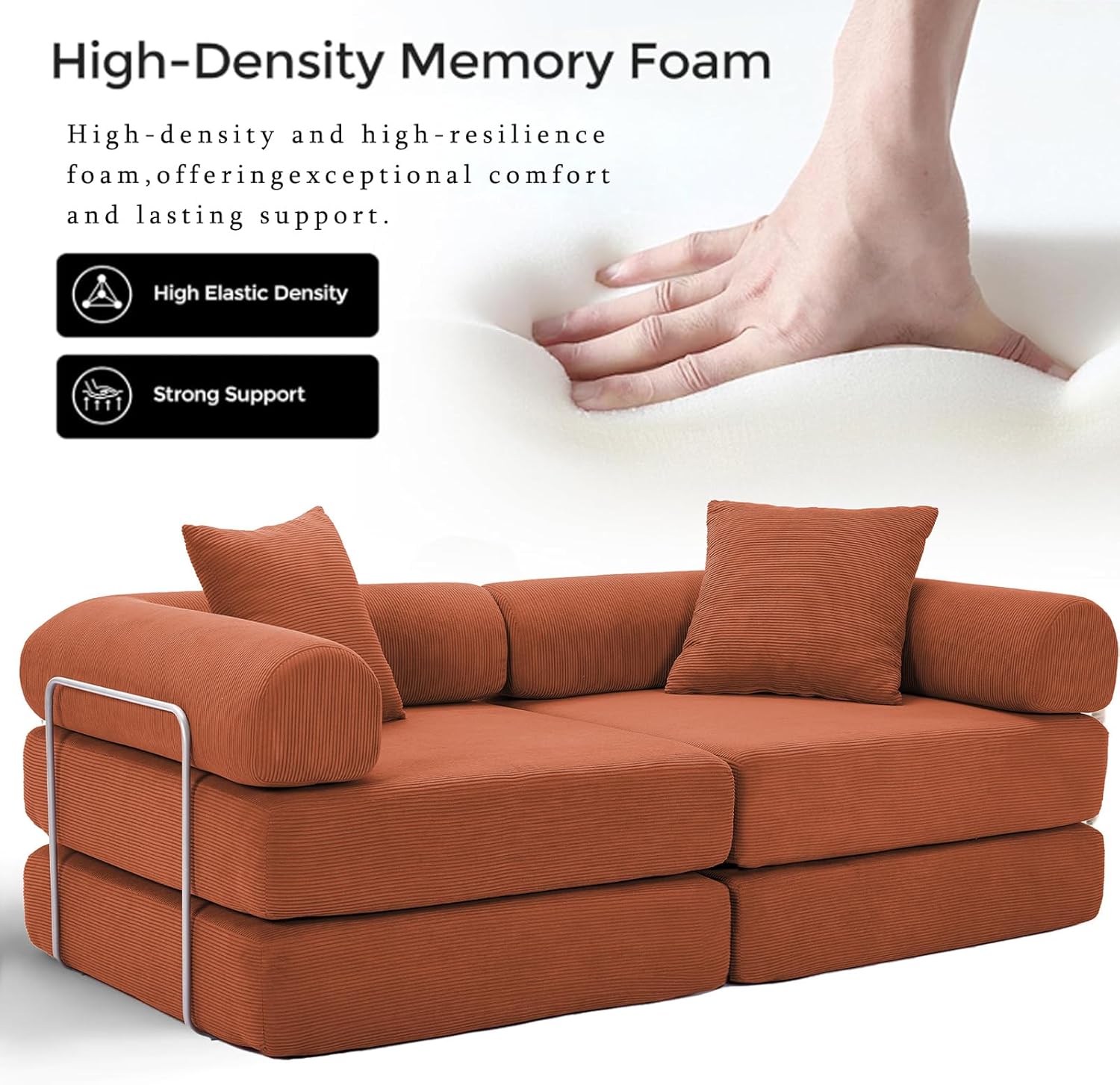 73" Convertible Modular Folding Sofa Bed, 5-in-1 DIY Combination Fold Out Sleeper Sofa Bed, Loveseat sleeper Couch with Removable Armrests, Corduroy Floor Couch, Small couches for small spaces, Orange