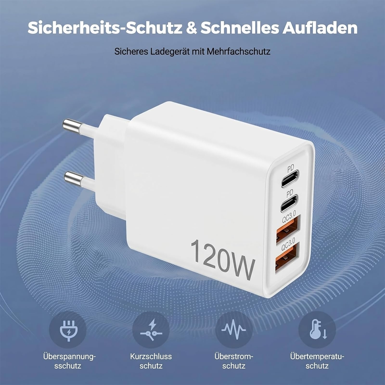PD 3.0 Szybka ładowarka 120 W, 4 porty USB C z 2 USB-C i 2 USB-A, multizasilacz z ochroną bezpieczeństwa do iPhone'a 17/16/15Pro/Pro Max, Samsung Galaxy, iPada