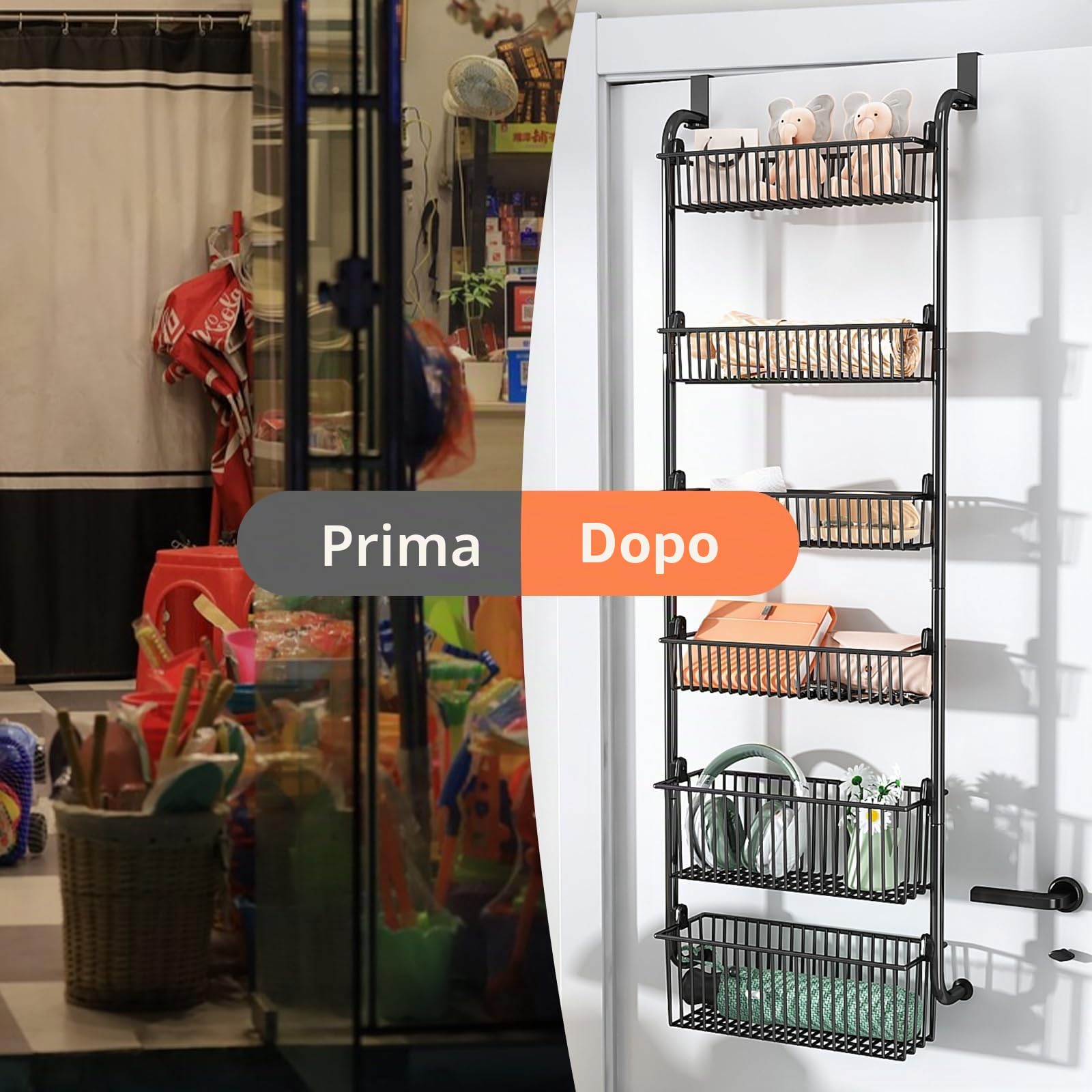 Organizzatore da appendere alla porta, organizer per spezie a 6 ripiani in metallo resistente per cucina - Organizer da appendere alla porta per cucina, bagno (Nero - 4 cestini piccoli + 2 grandi)