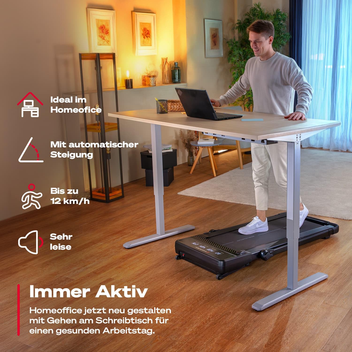 Sportstech Walking Pad mit automatischer Steigung, Laufband für Zuhause, Büro & Schreibtisch, klappbar, leise, Bluetooth, Fernbedienung, bis 130 kg, Heimtrainer Cardio Joggen, sPad500, sPad1000