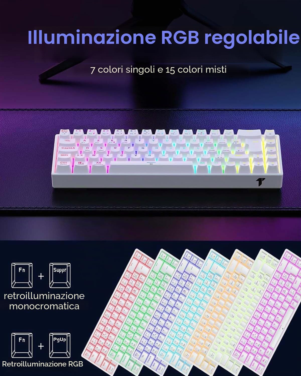 TECURS Tastiera Gmaer TKL 65%, Tastiera Meccanica Ricaricabile/Multi-Device/Retroilluminato RGB, Anti-Ghosting, 68 Touch, AZERTY Switchs Rosso per Windows/Mac, Bianco