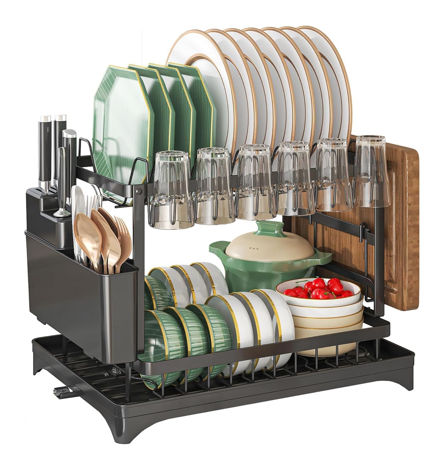 MIMOCASA Escurreplatos sobre Fregadero, Escurreplatos Acero Inoxidable de 2 Niveles Gran, Escurridor de Platos con Desagüe Soporte para Utensilios y Portavasos, Negro
