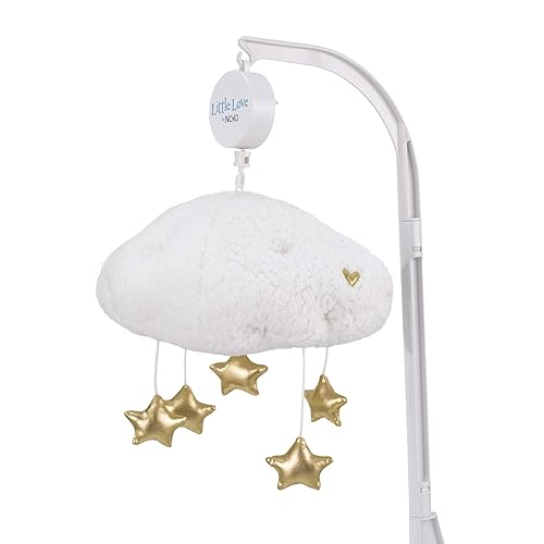 Little Love by NoJo - Móvil musical para cuna con forma de nube de sherpa blanca con estrellas metálicas doradas brillantes, blanco, dorado
