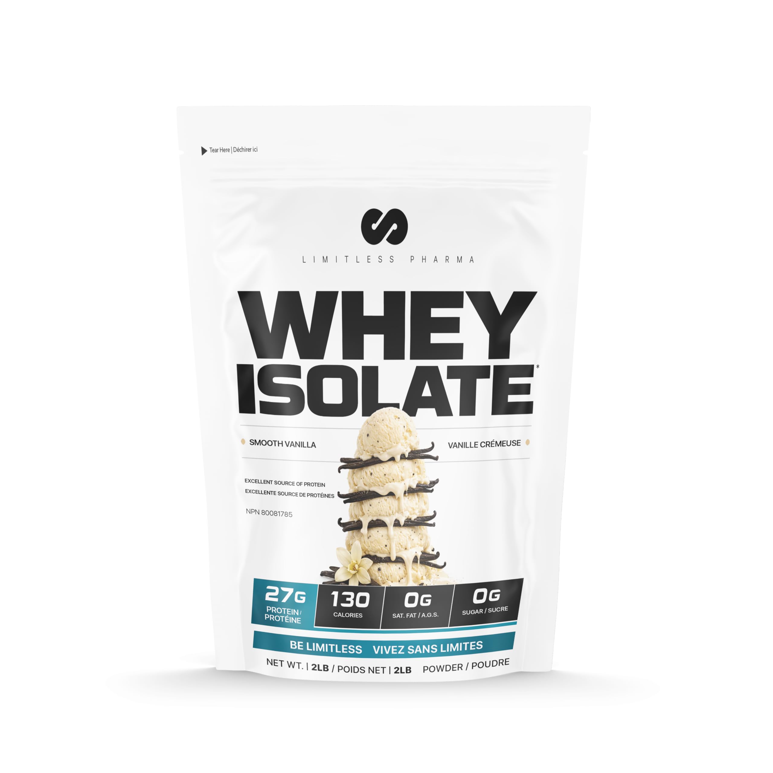 Limitless Pharma Whey Isolado de Baunilha, 27 g de proteína e 6 g de BCAAs, sem açúcar, sem glúten, baixo em carboidratos e lactose, 30 porções, 908 g