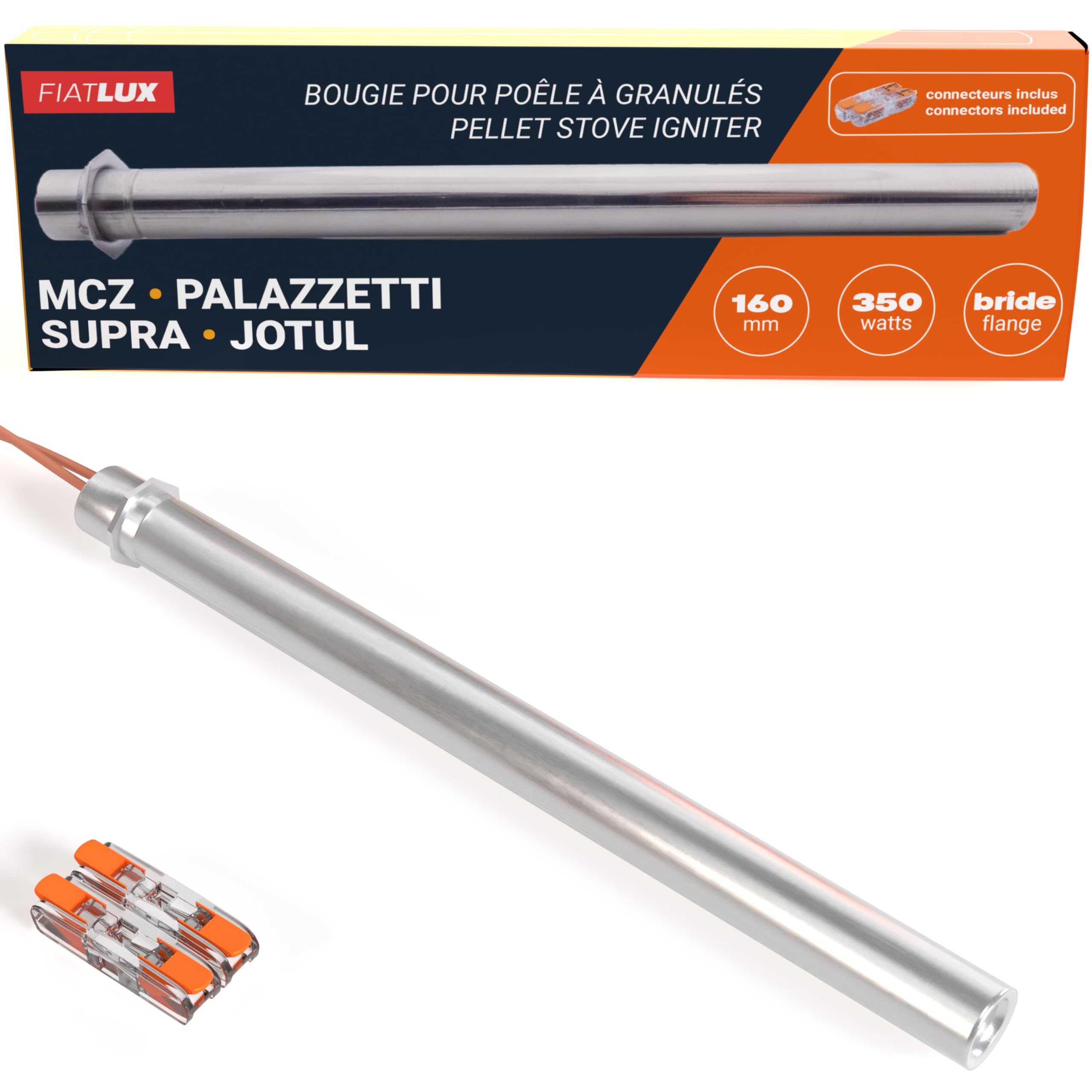 Bougie d'allumage pour poêle à granule 160/170mm - 350W - Diamètre 12,5mm - MCZ - Palazzetti - Supra - Jotul - Pièce d'origine - Clips de connexion inclus - Garantie 2 ans