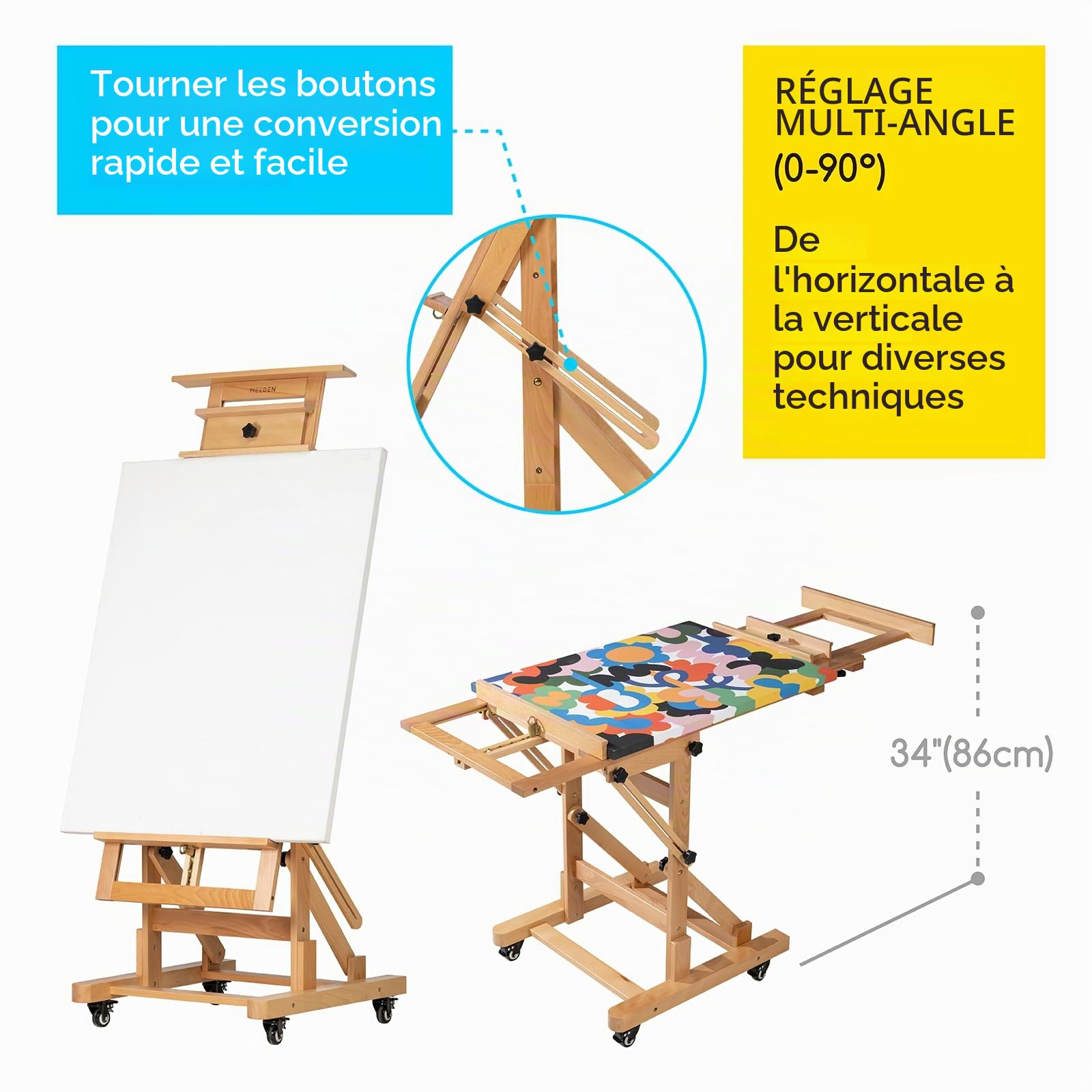 MEEDEN Chevalet de peinture mobile en forme de H - Chevalets de studio en bois de hêtre pour artistes - Chevalet d'art professionnel et robuste pour adultes - Peut accueillir des toiles jusqu'à 200cm