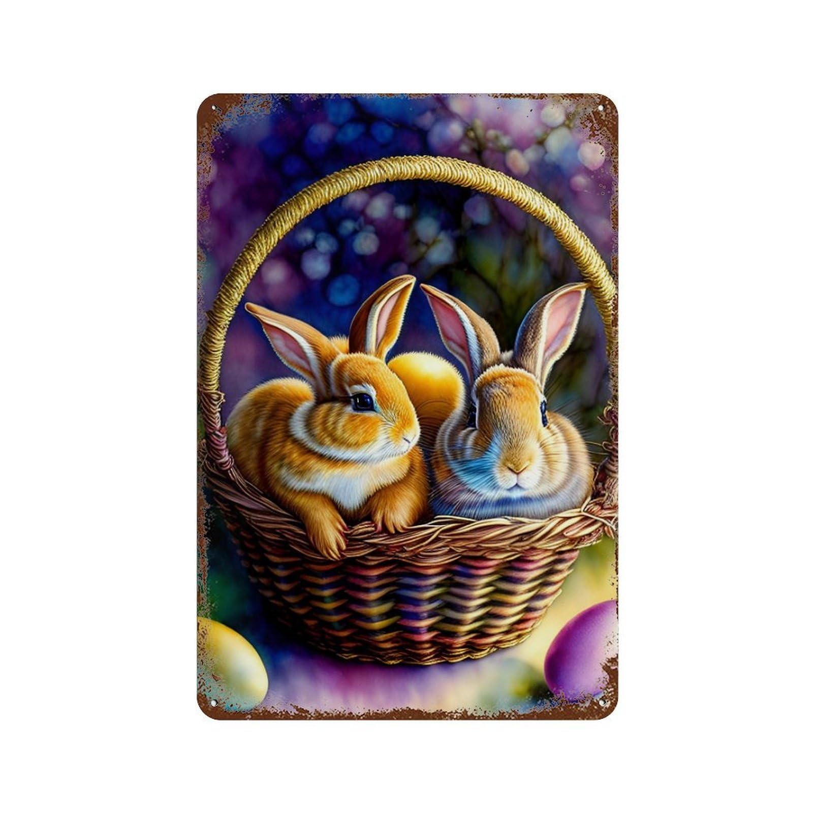 Easter Basket with Bunnies Rusty Metal Tin Sign 11.8"x7.9", Ideal for Shed, Workshop And Garage Wall Decor