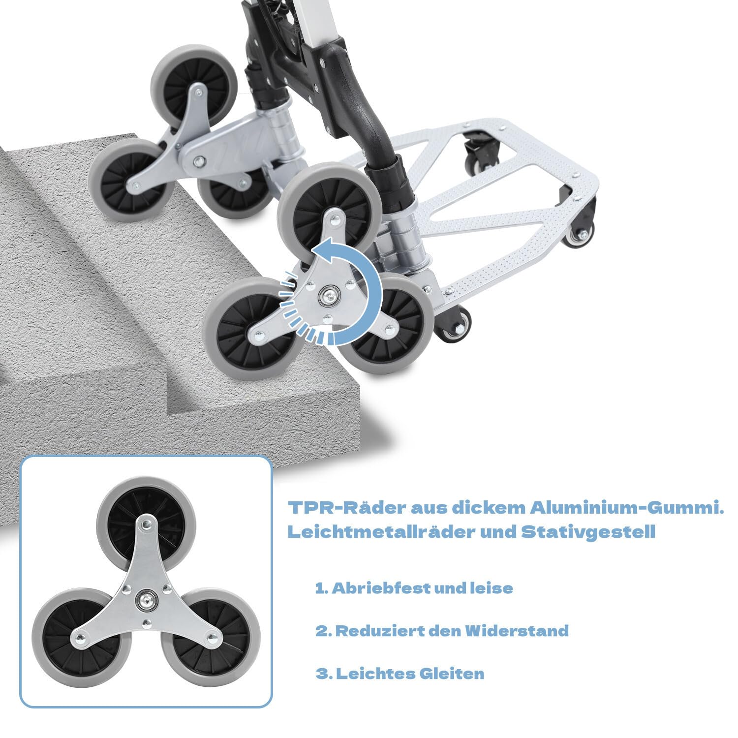 Carrellino pieghevole per scale con ruote a stella, manico regolabile in altezza, superficie di carico antiscivolo, 4 ruote girevoli, carrello in alluminio