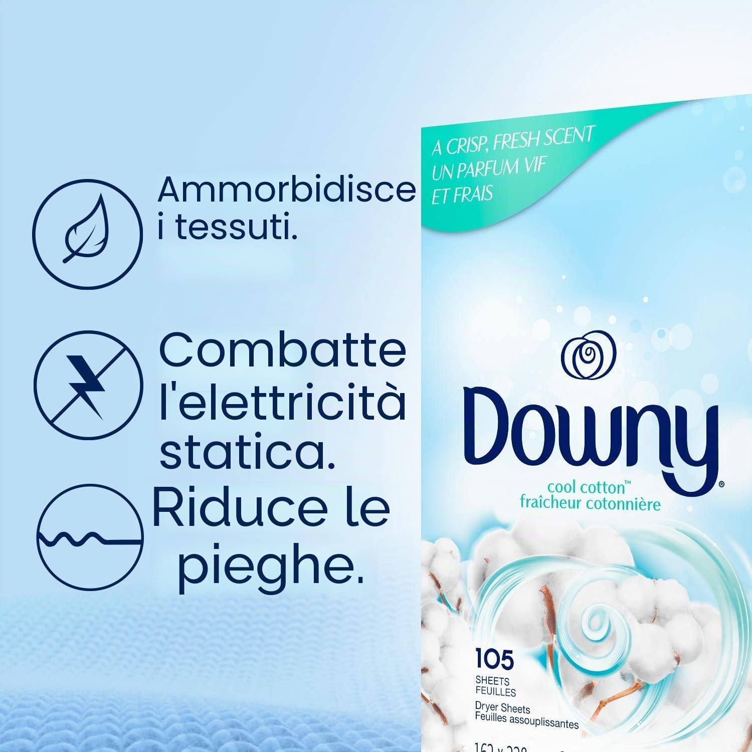 Downy Lenzuola per asciugatrice, ammorbidente per bucato, in cotone fresco, 240 pezzi, la confezione può variare