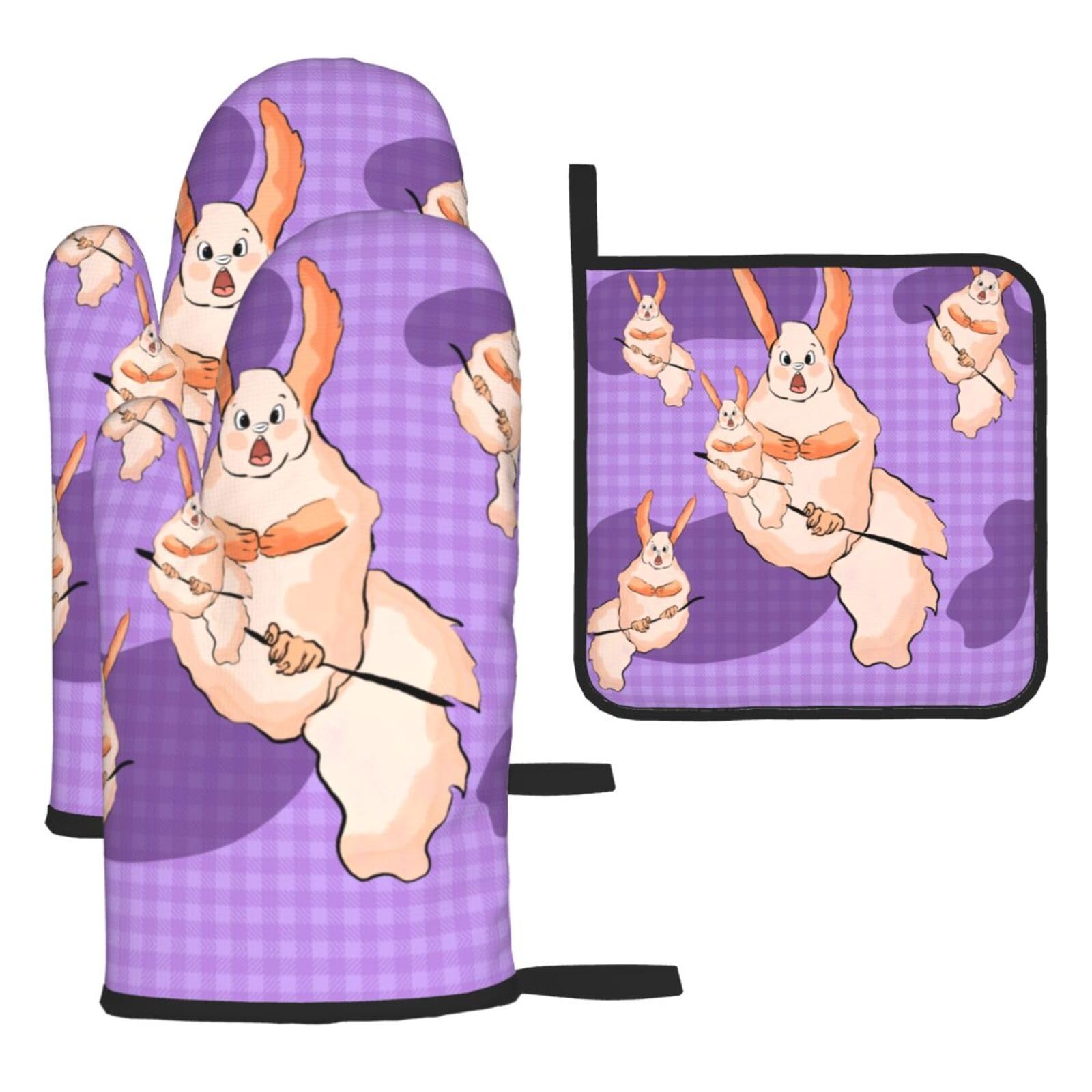 Wacky Bunny Oven mittens and oven mitts three-piece set suitable for oven, grilling, baking, microwave and home cooking.