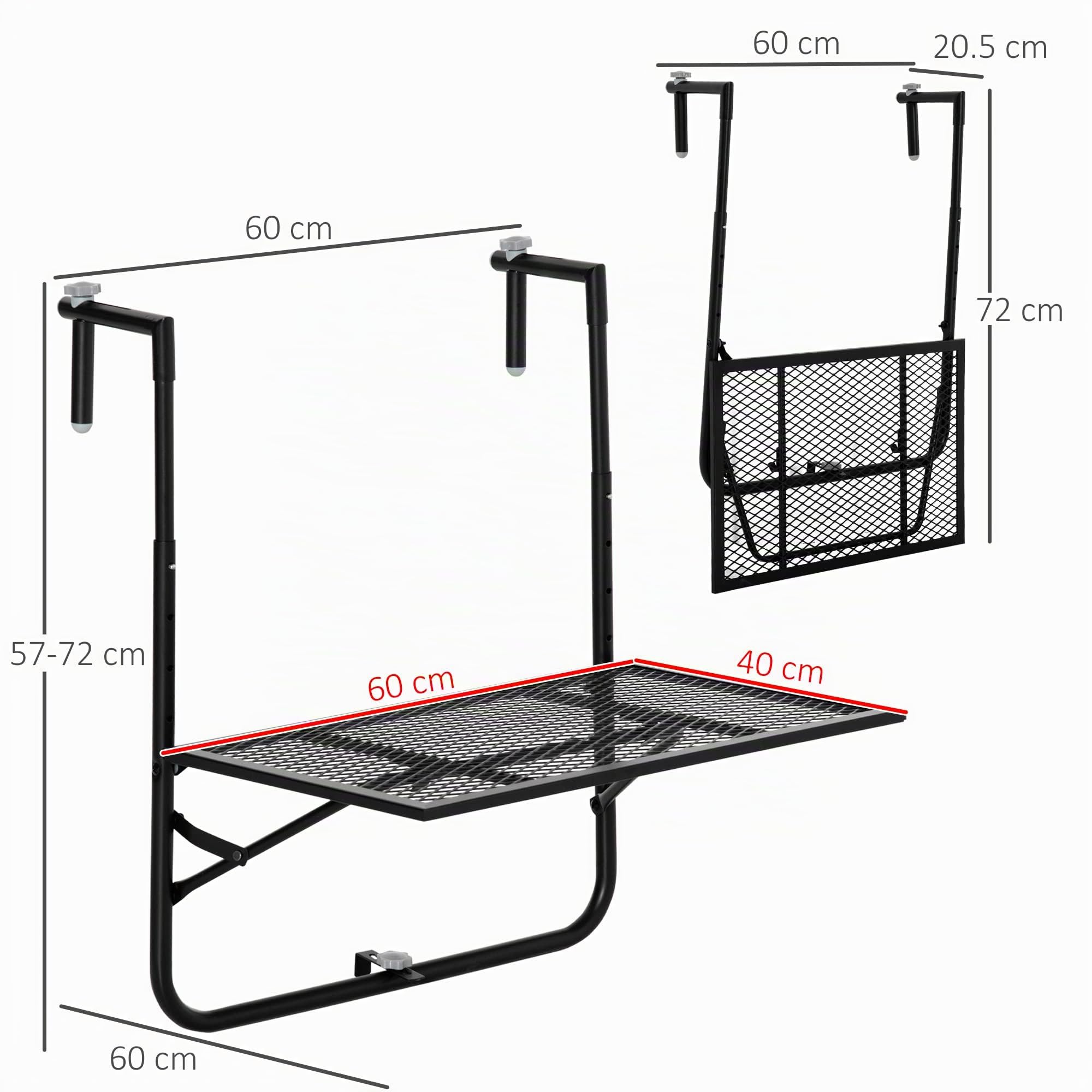 Outsunny Mesa Colgante de Balcón Plegable 60x60x57-72 cm Negro | De Metal para Barandilla, Altura Ajustable en 4 Niveles, Carga 10 kg, Terraza Jardín Exterior