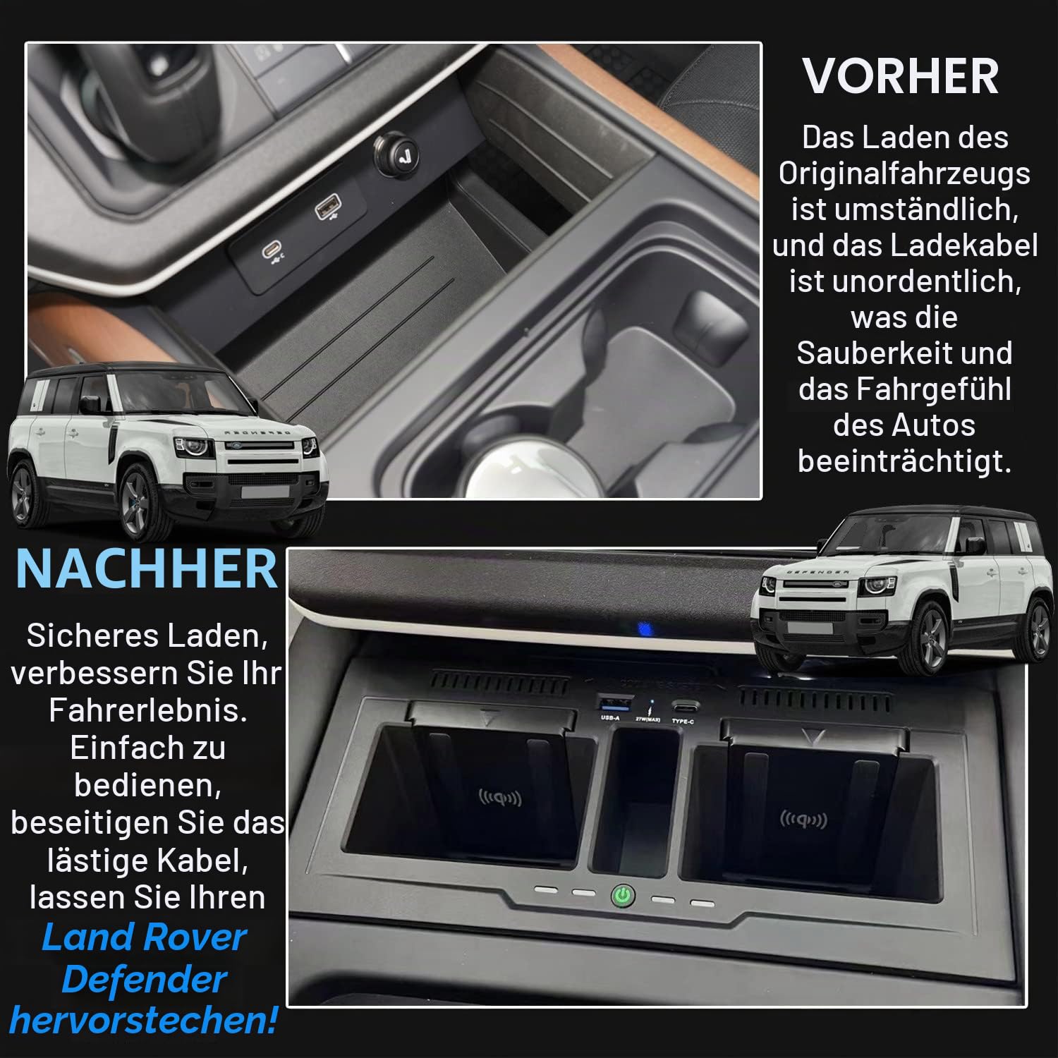 Duales Kabelloses Ladegerät für Land Rover Defender 90 110 130 2020-2024 | 15W Schnellladendes Handy-Ladegerät mit 27W USB & Type-C für Land Rover Defender 90 110 130 X/X-DYNAMIC/V8/CARPATHIAN Zubehör