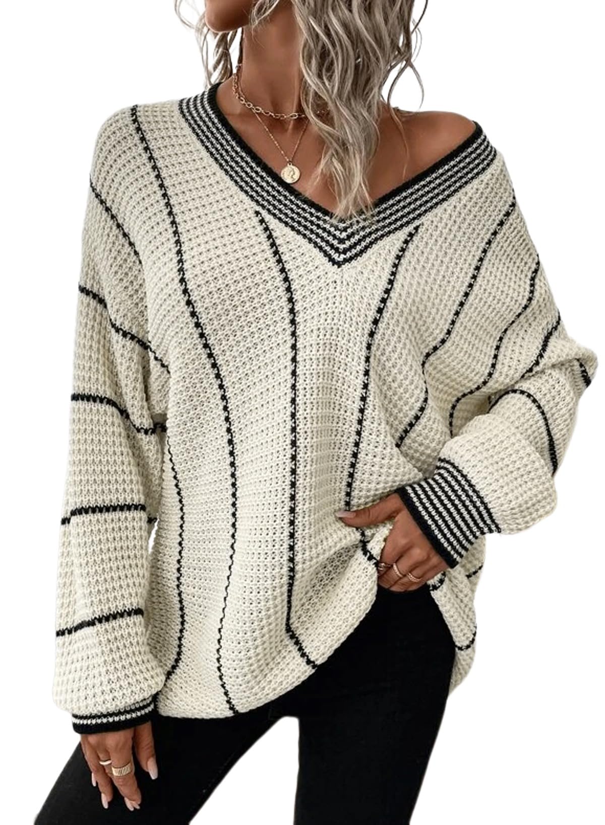 Photo 1 of AlvaQ Sweater for Women V Neck Color Block Sweaters Winter Drop Shouder Striped Knit Pullover Tunic Tops White Small