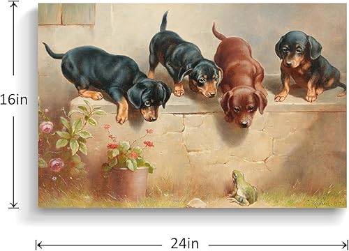 Miniatura 2 de Divertido lienzo para la pared, diseño vintage de animales de bebé, curiosos cachorros salchicha y una rana, pintura en tonos pastel, ilustraciones