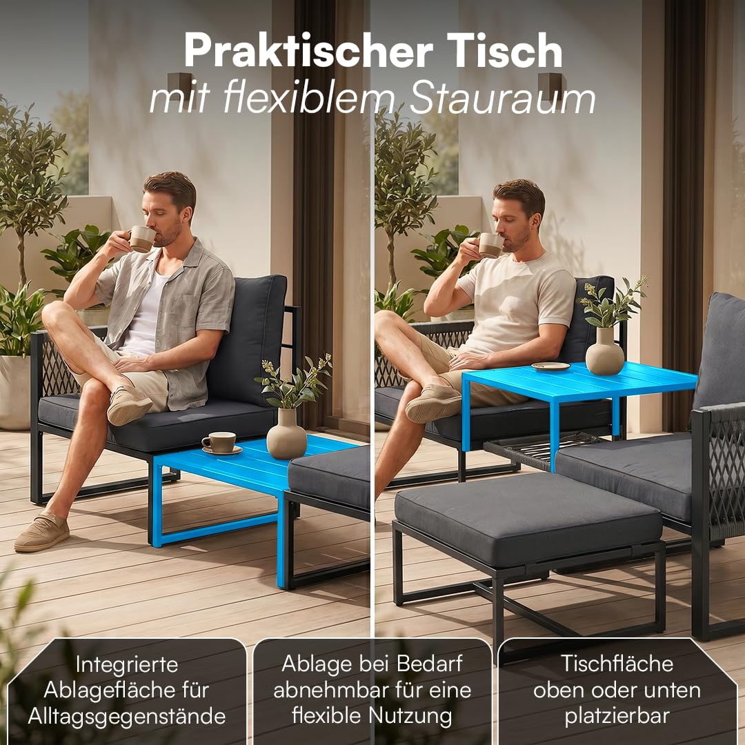 STEELSØN Tyranis Gartenmöbel Set Outdoor 4-TLG inkl. Tisch mit Ablage & Hocker – multifunktionales Balkonmöbel Set mit 6 Kissen – Sitzgarnitur Sessel für 4 Personen – dick gepolstert – Metall schwarz