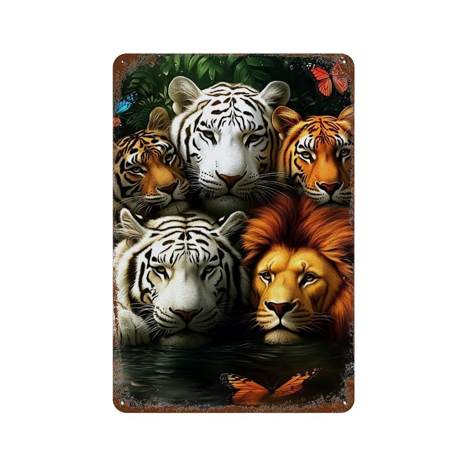 Tiger, Lion, Butterfly, Jungle Rusty Metal Tin Sign 11.8"x7.9", for Patio, Garden Room And Bar Decor, Old School Wall Decor