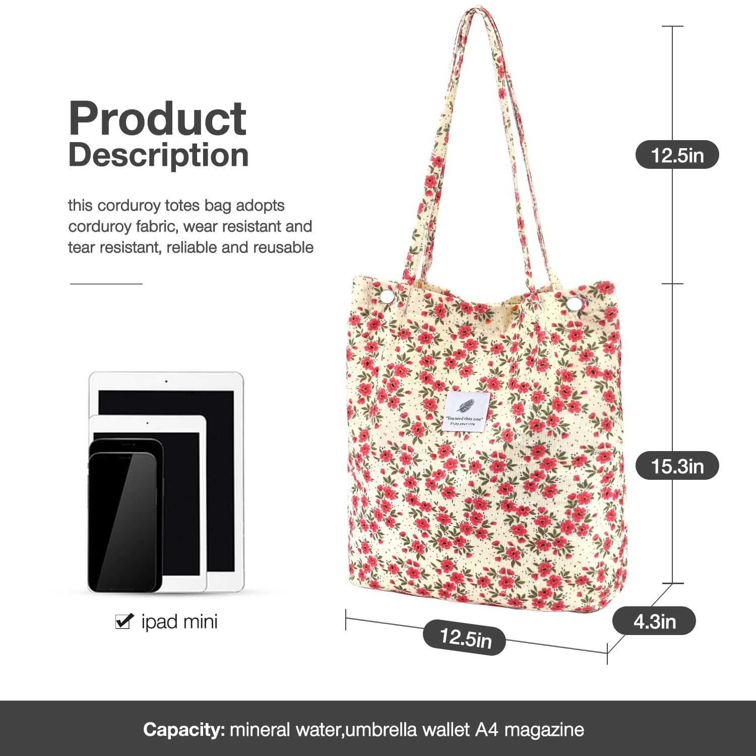 LHMTQVK Corduroy Tote Bags for Women Large Capacity Corduroy Bag Reusable Grocery Shoulder Bag with Inner Pockets, Floret, L - Image 2