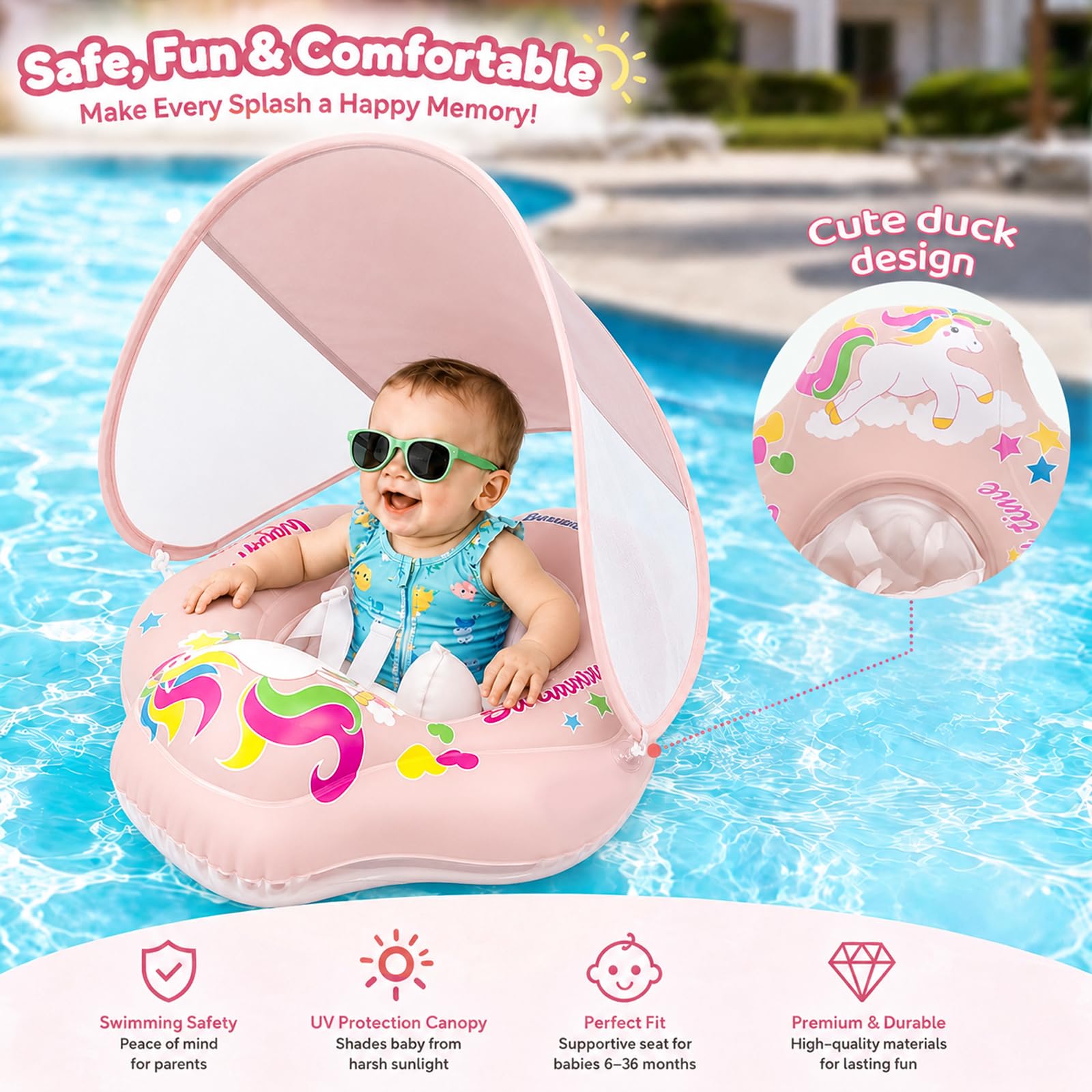Flotador Bebé con Parasol, Baby Float Hinchable para Bebés de 3-72 Meses, Flotador Piscina con Arnés de Seguridad & Cámaras de Aire, Protección UV para Piscina y Playa
