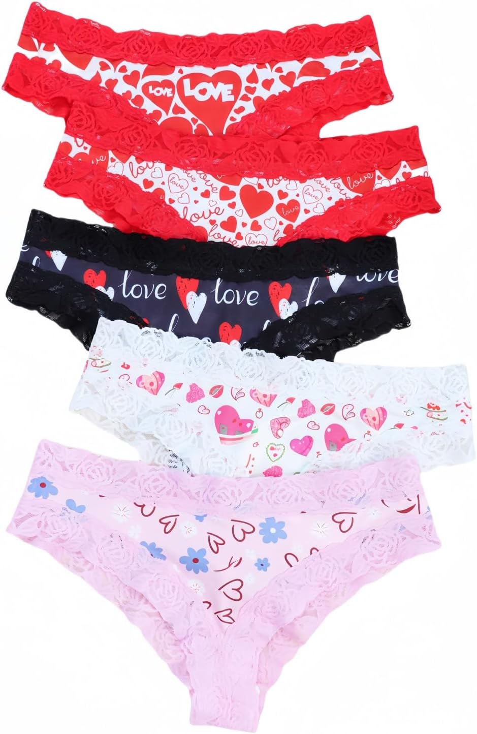 Morvia 5pcs Sexy Women Contrast Lace Hipster Panties Valentine's Day Allover Print Bikinis Underwear - Image 4