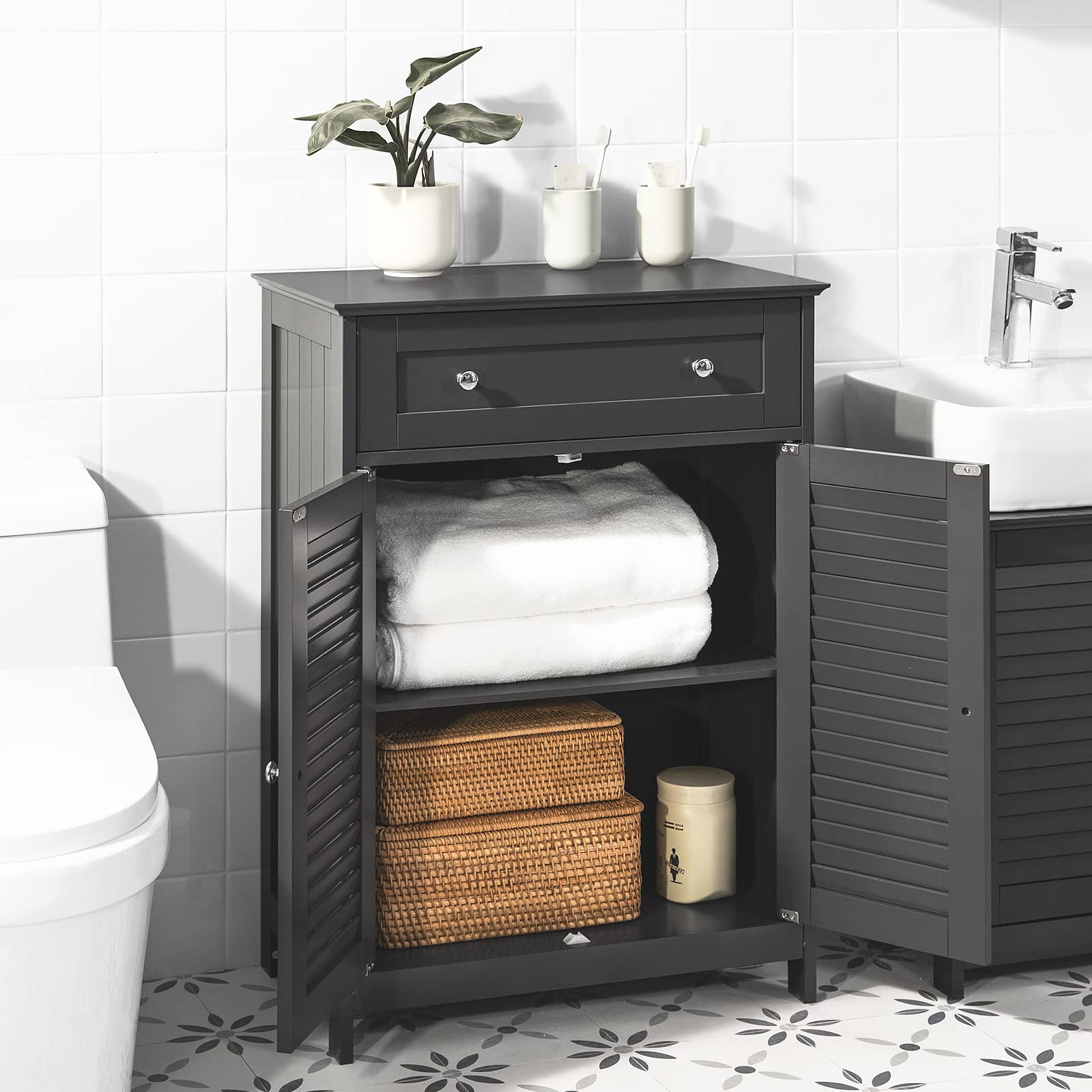 SoBuy Mueble Baño Auxiliar Mueble Versátil con Cajón 60x87x35cm Gris Oscuro | Armario de Baño, Resistente a la Humedad – Mueble Ahorraespacio para Baño, Pasillo, Cocina de Madera, FRG238-DG