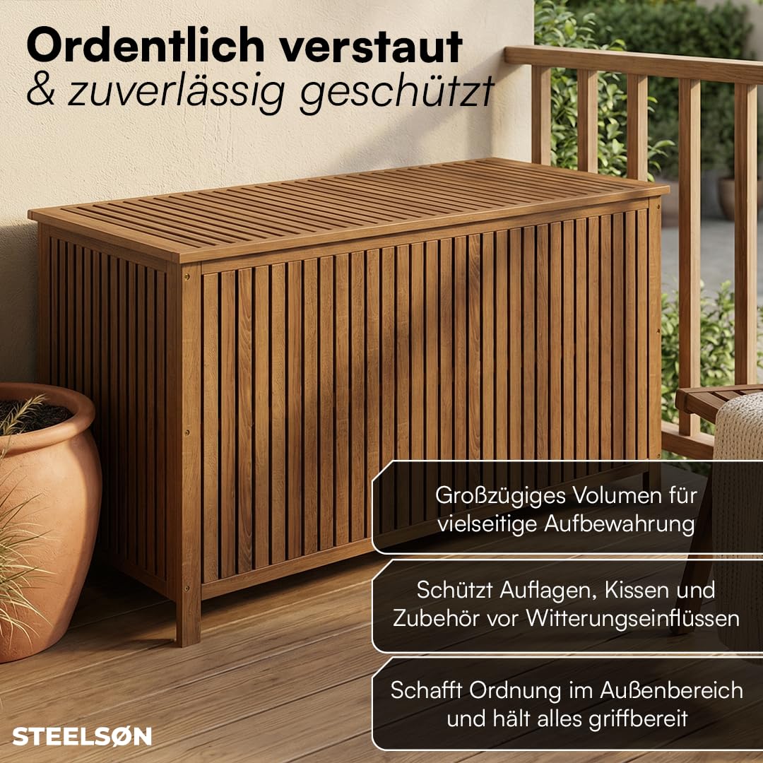 STEELSØN Alkes Aufbewahrungsbox aus geöltem Akazienholz – Auflagenbox mit hochwertiger Innenplane – Outdoor Kissenbox mit klappbarem Deckel – Sitztruhe sicherer Halt – Gartenbox wetterfest 114x52x59cm