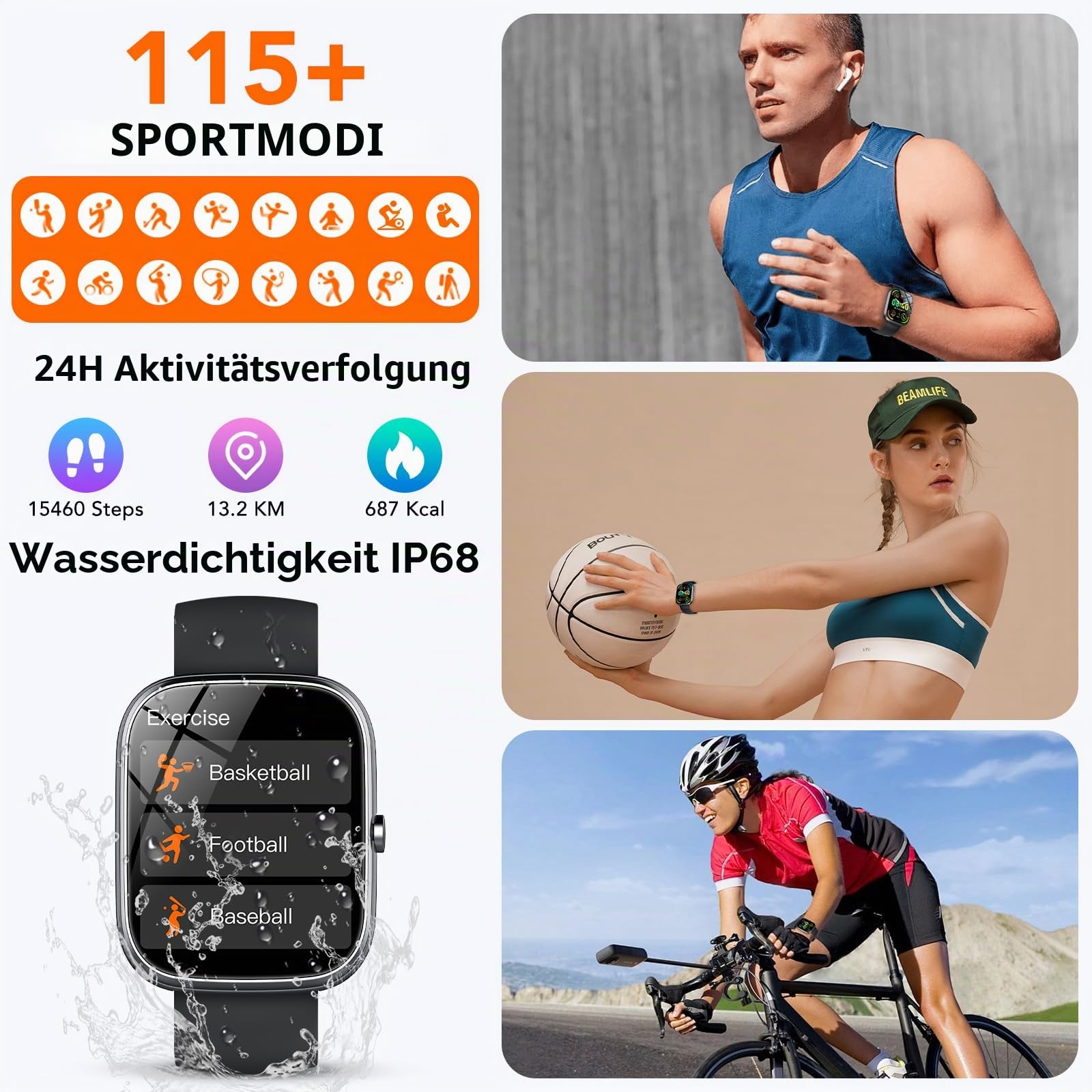 Smartwatch Herren Damen, 1,91" HD Touch Smart Watch mit Telefonfunktion, 115+Sportmodi Sportuhr, IP68 Fitness Tracker mit Herzfrequenz SpO2 Schlafmonitor Schrittzähler für Android iOS