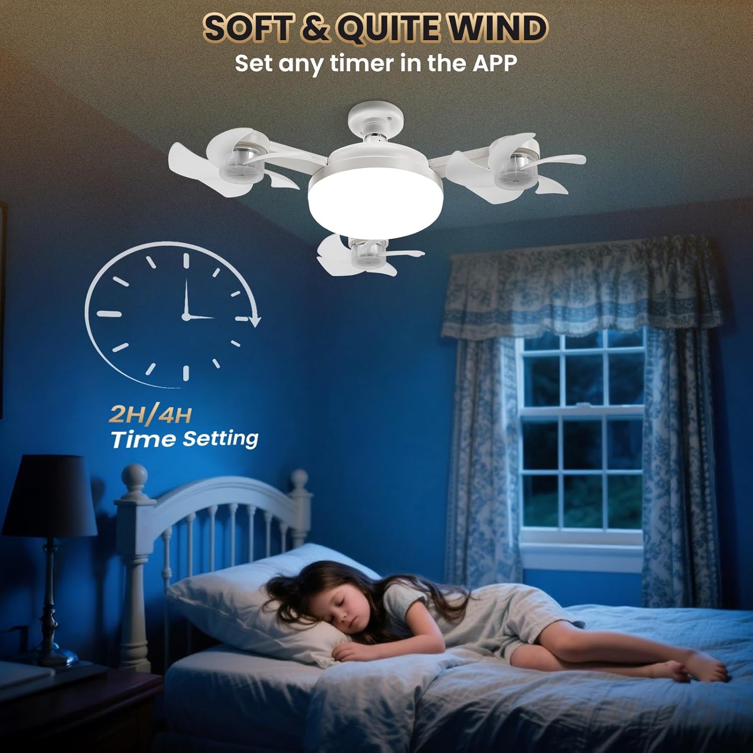 Dimmbar LED Lampe mit Ventilator, Deckenlampe mit Ventilator Leise, Timing, 50W 3-Gang Deckenventilator mit Licht und Fernbedienung (inkl. Lampenfassung E27 mit Verlängerung) für Schlafzimmer Wohnung