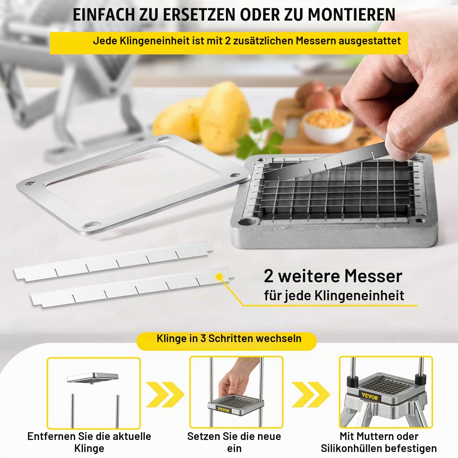 VEVOR Kartoffelschneider Pommes Frites Schneider Ersatz-Häckslermesser 6,4 mm, 3 x Ersatz-Häckslermesser & 6 x Zusätzliche Klingen Pommes Schneider Zubehör
