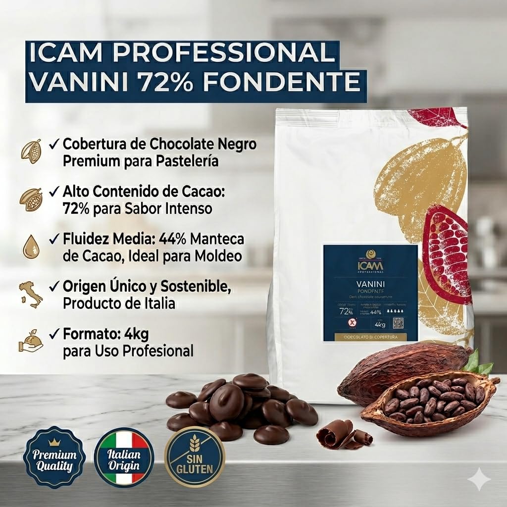 Chocolate Negro Gourmet 72% Cacao 4 kg | Chocolate Premium Italiano para Repostería, Postres y Fondue | ICAM Vanini