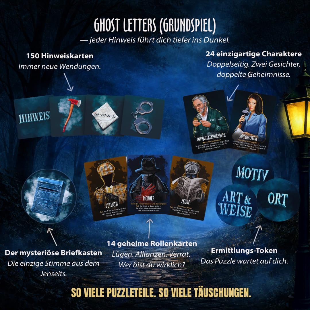 Ghost Letters Bundle – Grundspiel + Letterbox Erweiterung | Murder Mystery Detektivspiel mit 300 Hinweisen | Partyspiel & Krimidinner für 2–12 Spieler