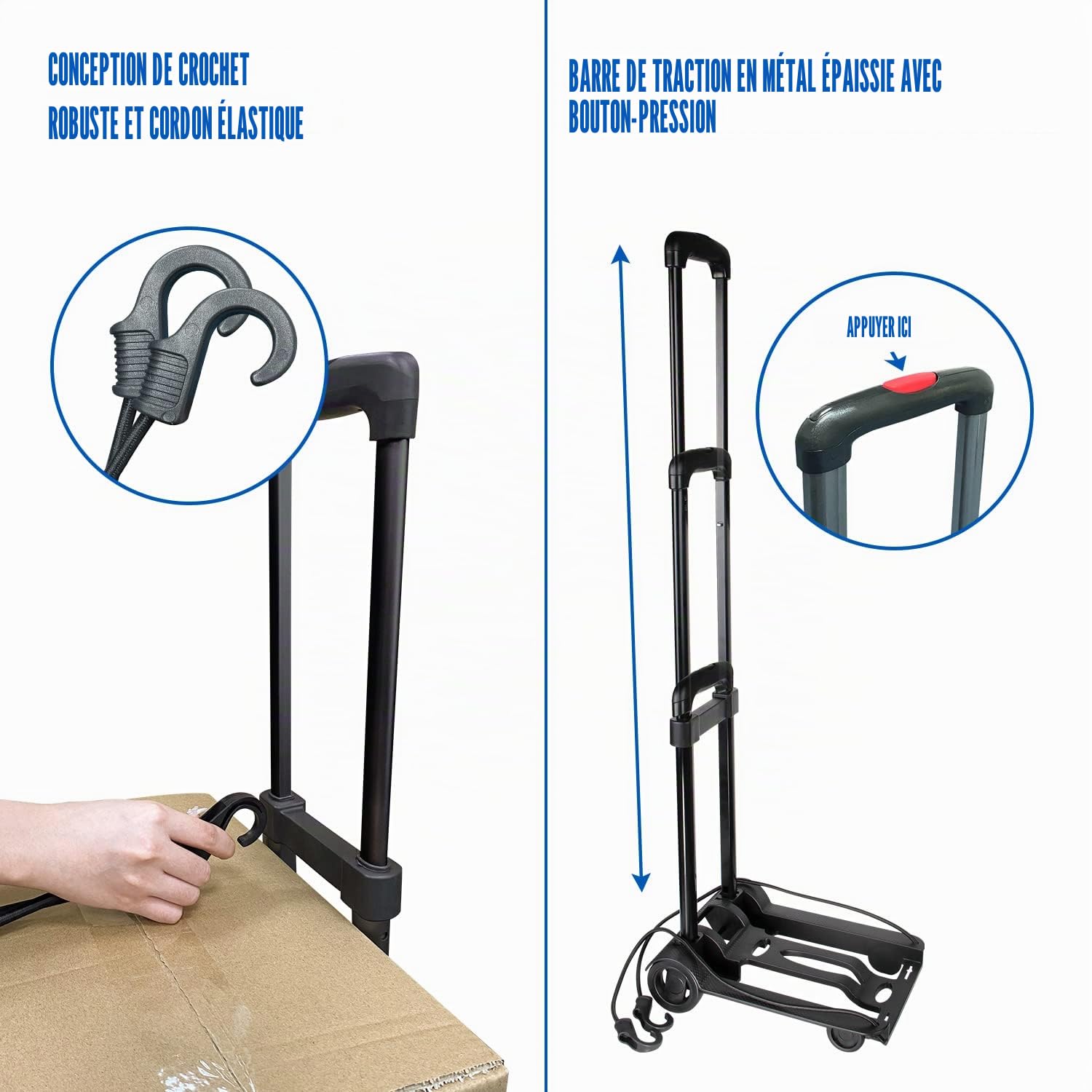 APOXCON Diable Pliable, Chariot Pliable avec Deux Roues, Chariot à Main Pliable avec poignée réglable, Chariot léger pour déménagement, Voyage, Shopping, Bureau, Portable et Compact