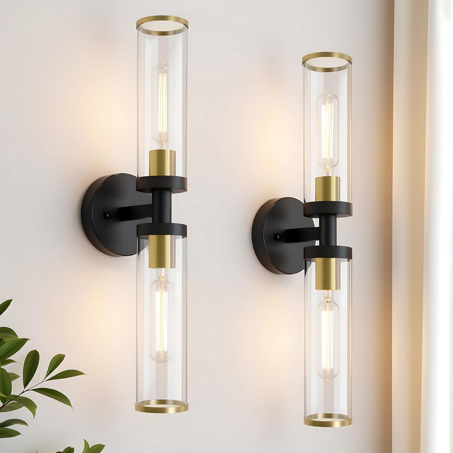 Upgraded Bathroom Sconces Set of Two,Modern Wall Sconce with Clear Glass,Black and Gold Sconces Wall Sconces Set of Two Hardwired Wall Lighting Fixtures for Bathroom Mirror Hallway Bedroom Living Room
