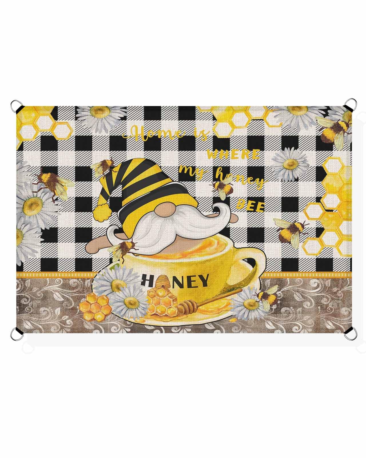 Boanket Sun Shade Sail 12' x 16', Honey Gnomes Sun Blocking Shades Privacy Outdoor Covering, Vintage Spring Floral Yellow Summer Bee Black Plaid Shade Cloth for Patio Deck Garden Lawns Beach Backyard