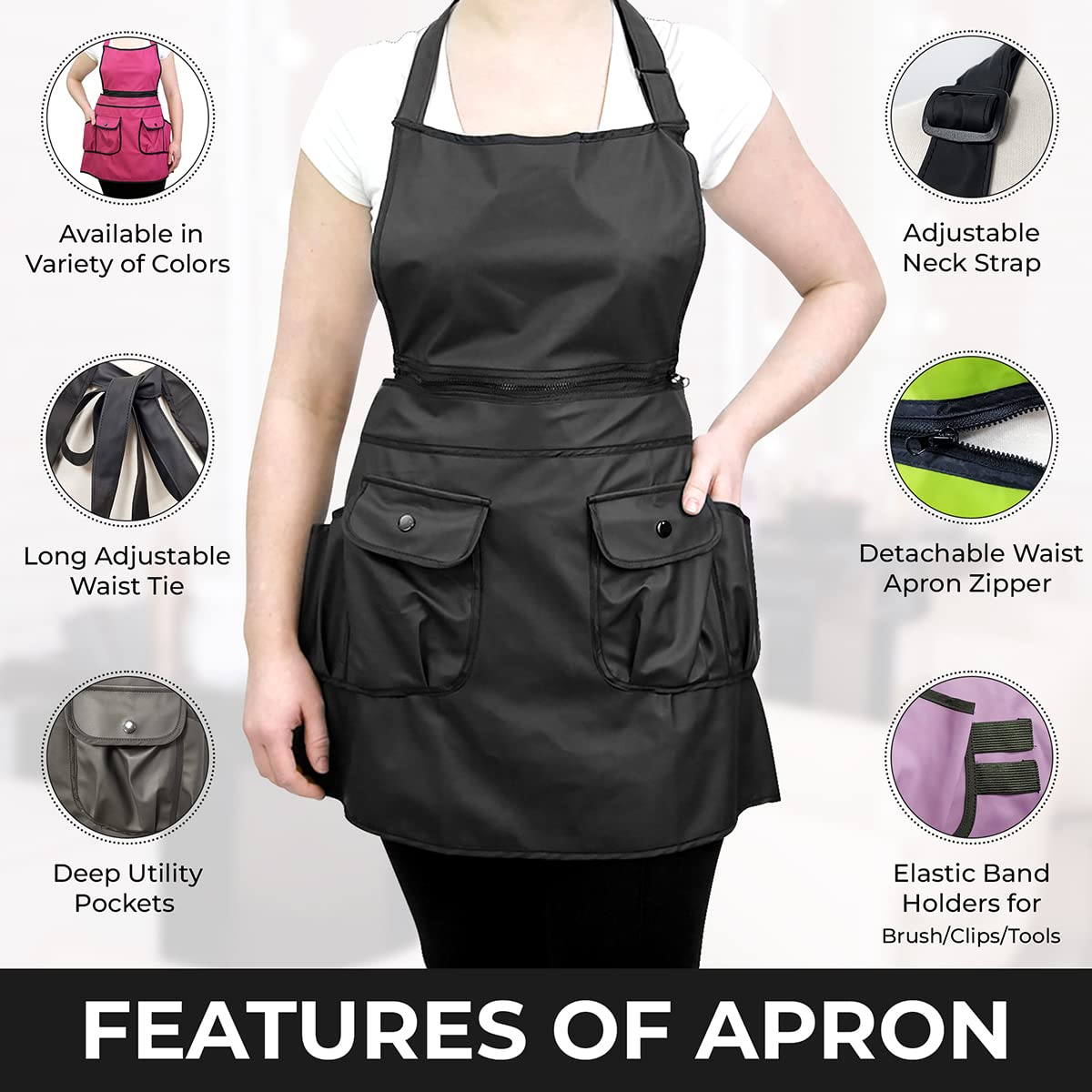 CHARLENE Courtney Convertible Zip Apron with Personalization Waterproof Chemical Proof for Salon Stylist Nail Grooming Skin Care (Black)