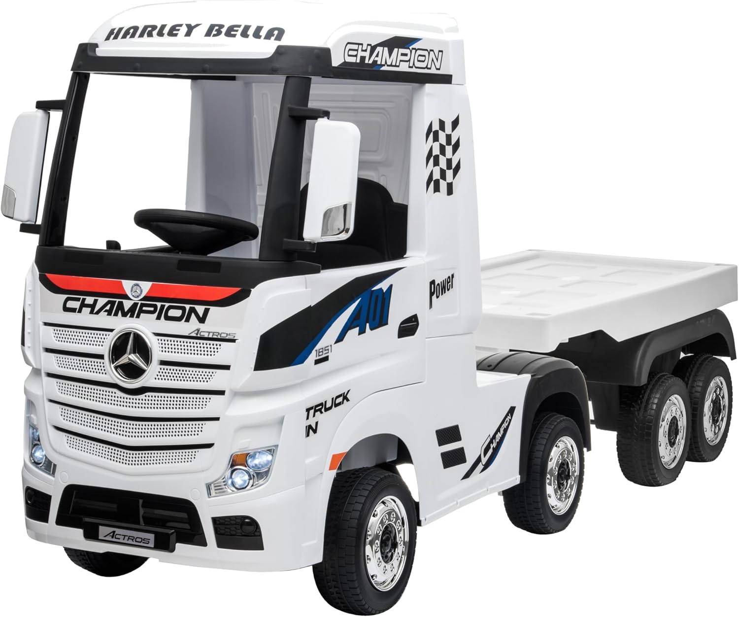 Tractor eléctrico para niños Mercedes Benz Acros 12 V con asiento de cuero, mando a distancia 2,4 G, puertas abatibles, ruedas de goma maciza opcionales (con remolque, blanco) Tractor eléctrico para niños Mercedes Benz Acros 12 V con asiento de cuero, mando a distancia 2,4 G, puertas abatibles, ruedas de goma maciza opcionales (con remolque, blanco)