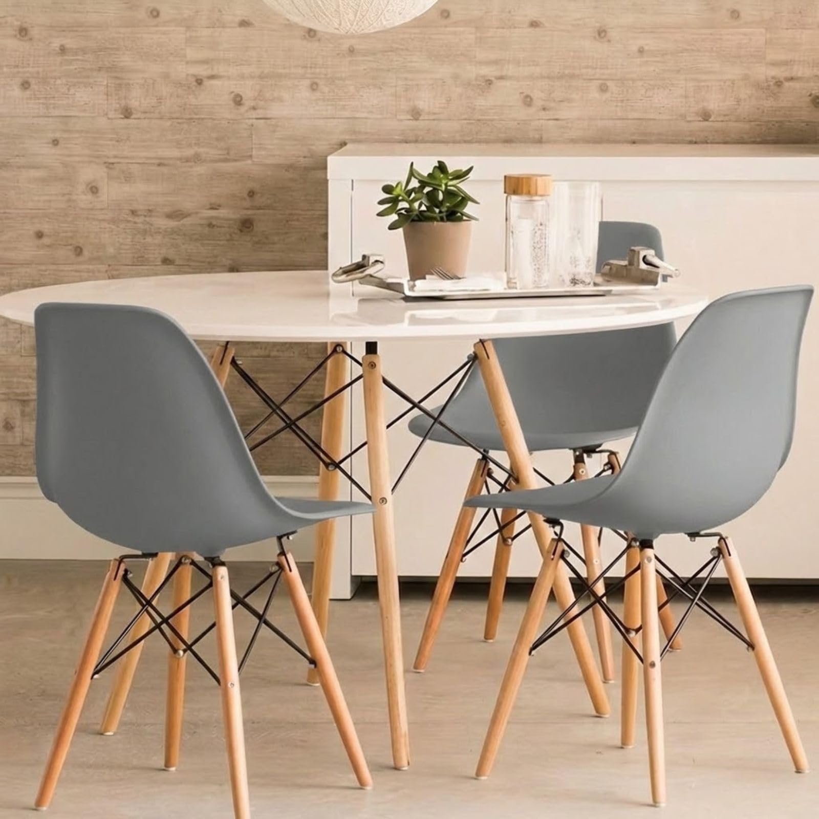 DASCK Pack 4 Sillas Nordicas de Comedor Estilo Escandinavo | Patas Haya Natural | Polipropileno Ergonomico | Carga 120 kg por Silla (Gris)