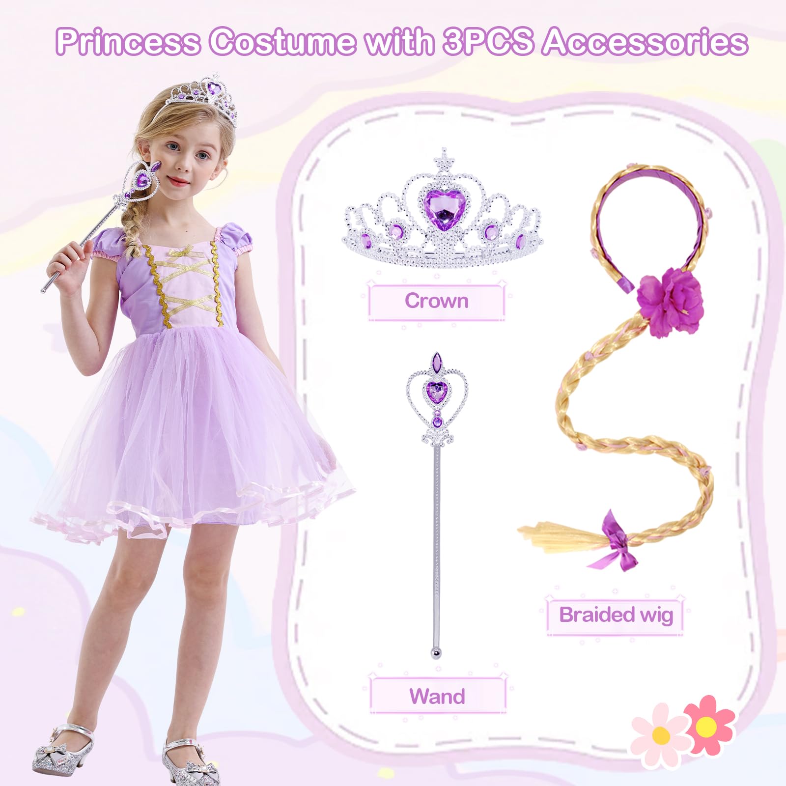 Berich Princess Purple Dress with 3PCS Princess Costumes for Girls Halloween Outfit Christmas Gifts World Book Day Costumes for Girls Dress 5-6 Years(Purple,140) - Image 3