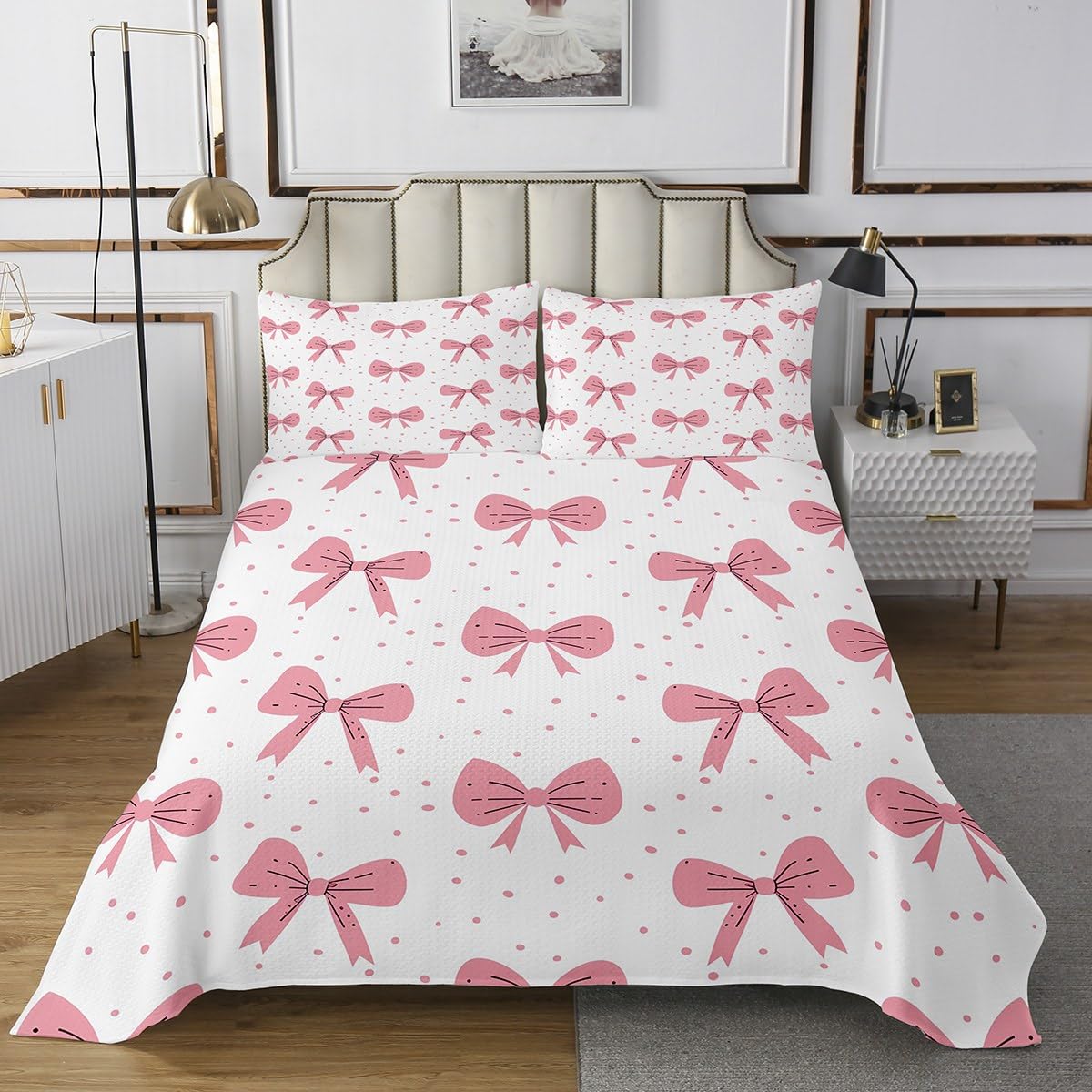 jejeloiu Pink Bow Bedspread Cute Bowknot Bedspread for Kids Boys Girls Dreamy Princess Coverlet Set Ribbon Bow Quilted Room 2Pcs Twin Size