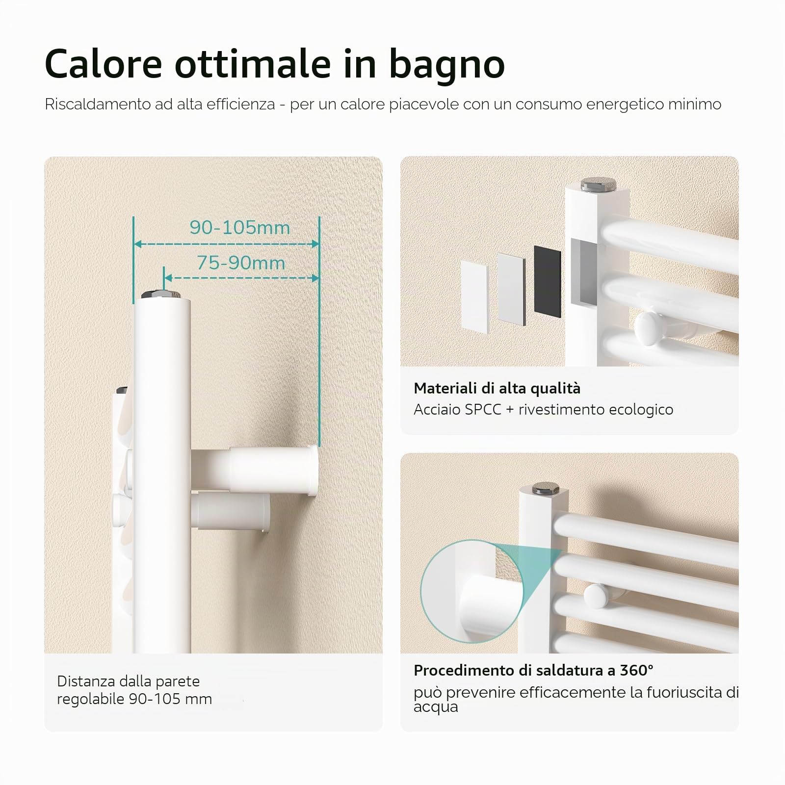 EMKE TR1240W-NEW Termosifone da Bagno, Acciaio Inossidabile, Acqua Calda, 1200 x 400 mm Weiß