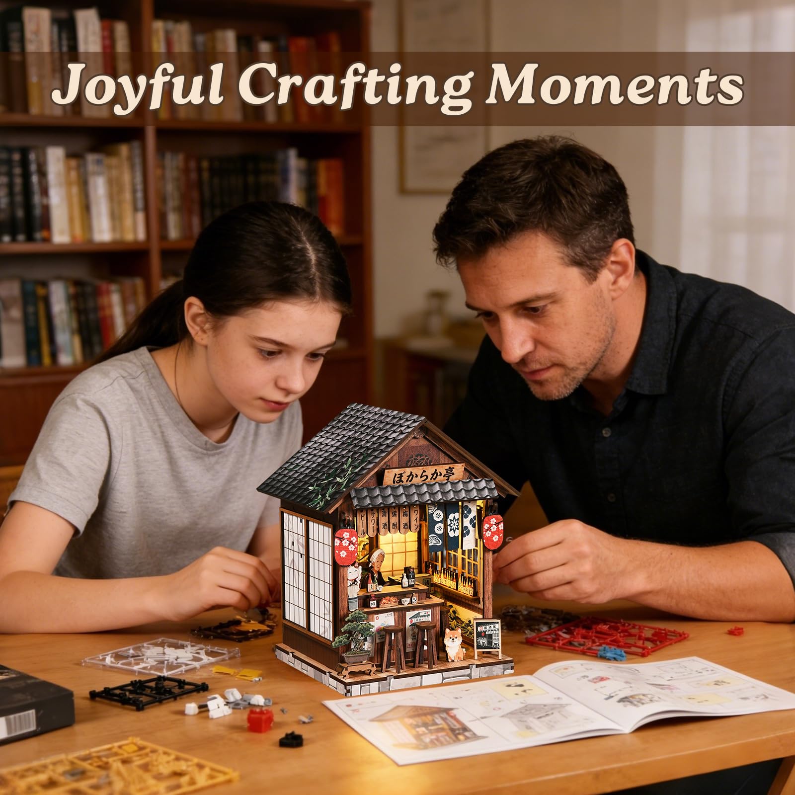 Book Nook Japan, Booknook Puppenhaus Modell，Dekoratives Bücherregal-Display & Wohndeko，3D-Holzpuzzles Buchecke, DIY-Miniaturhaus-Set（Yiran Izakaya）