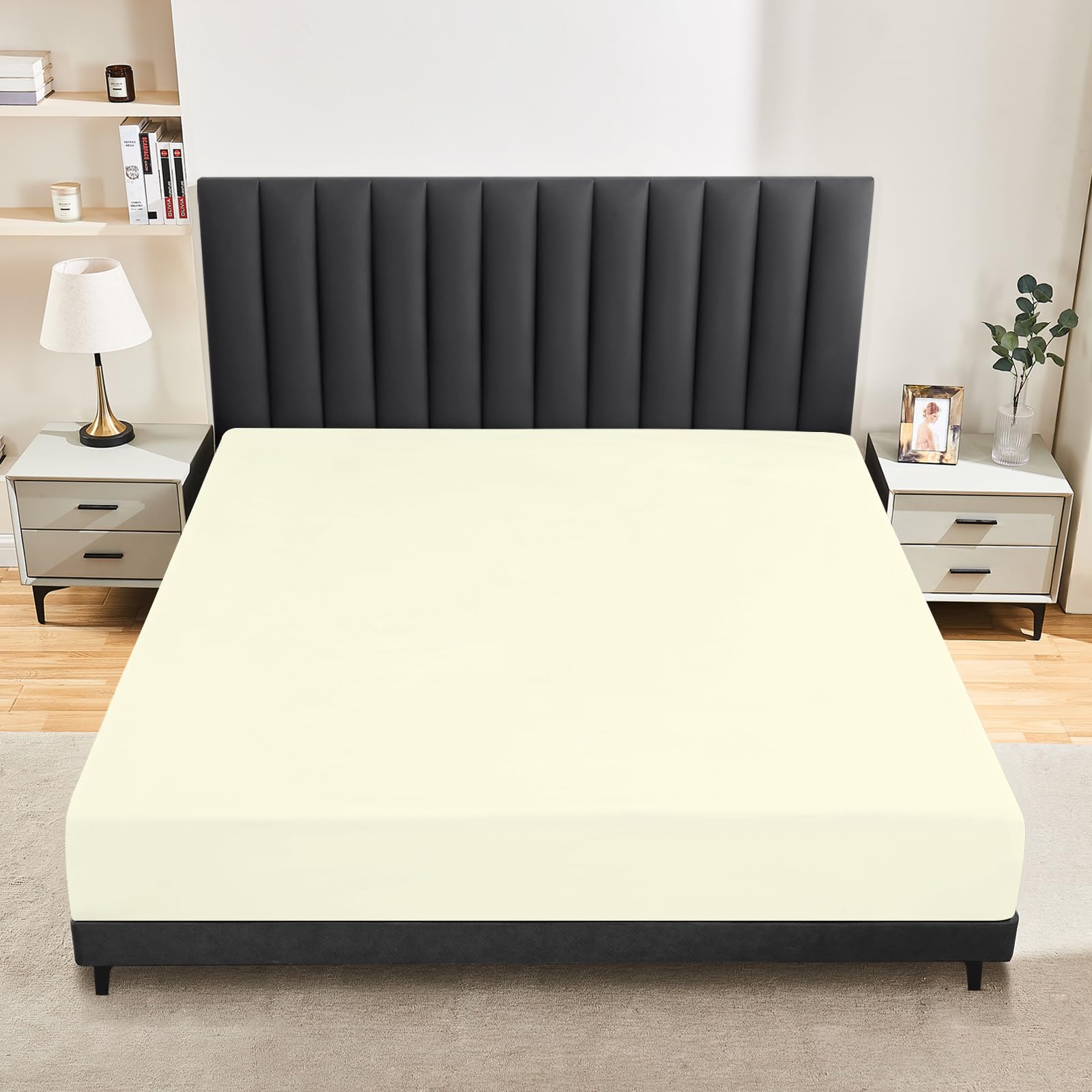 Protector de colchón impermeable de 200 x 200 cm, sábana bajera transpirable, sábana bajera de alta calidad, lavable a máquina a 60 °C, color beige
