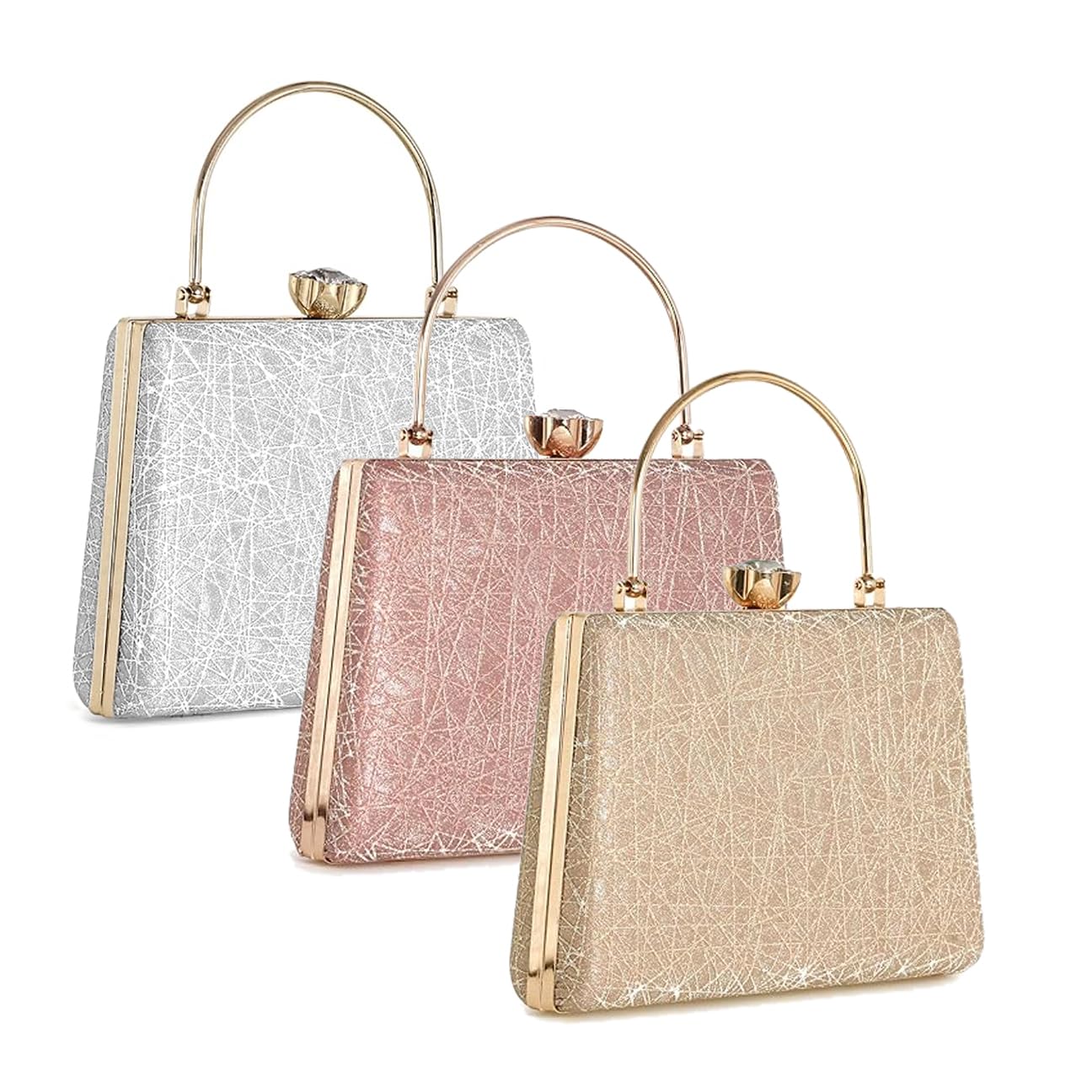 Bridal Clutch for Women – Elegant Evening Purse, Wedding Accessories, Satin Shoulder Bag for Brides, Bridesmaids, Formal Occasions, Prom, and Cocktail Parties (Combo - Silver, Pink & Golden)-image-7