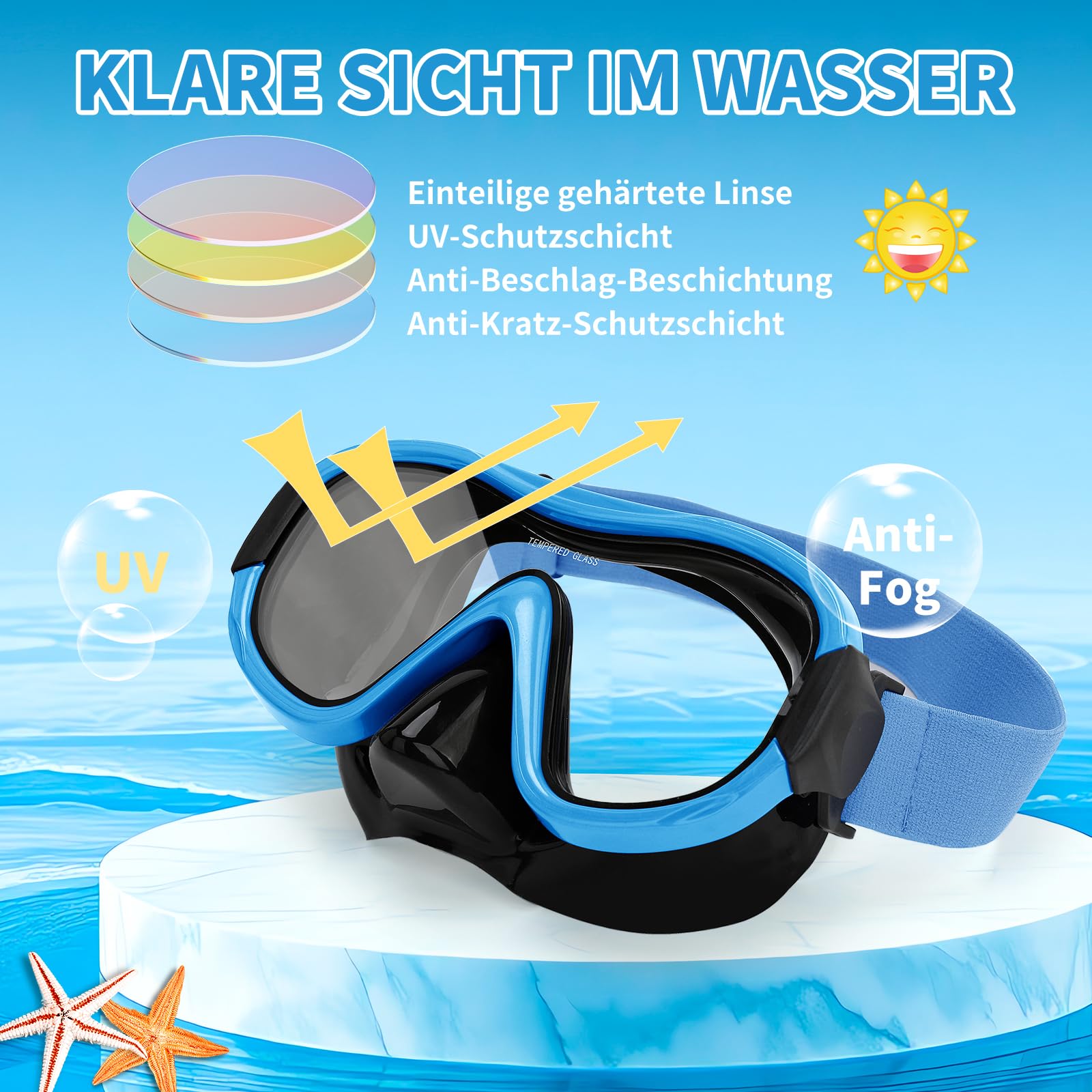 Schwimmbrille Scuba Schnorchel Maske für Erwachsene, verstellbare elastische Strickband Schwimmbrille, gehärtetes Glas mit Panorama Scuba Snorkel Tauchmaske für Erwachsene